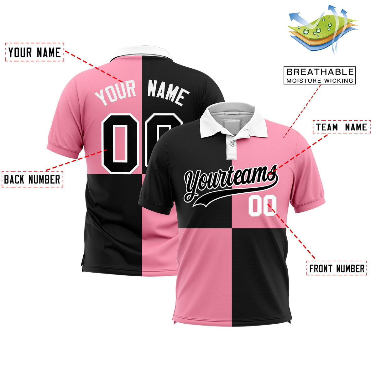 Custom Black Light Pink Four Squares Design Performance Polo Shirt