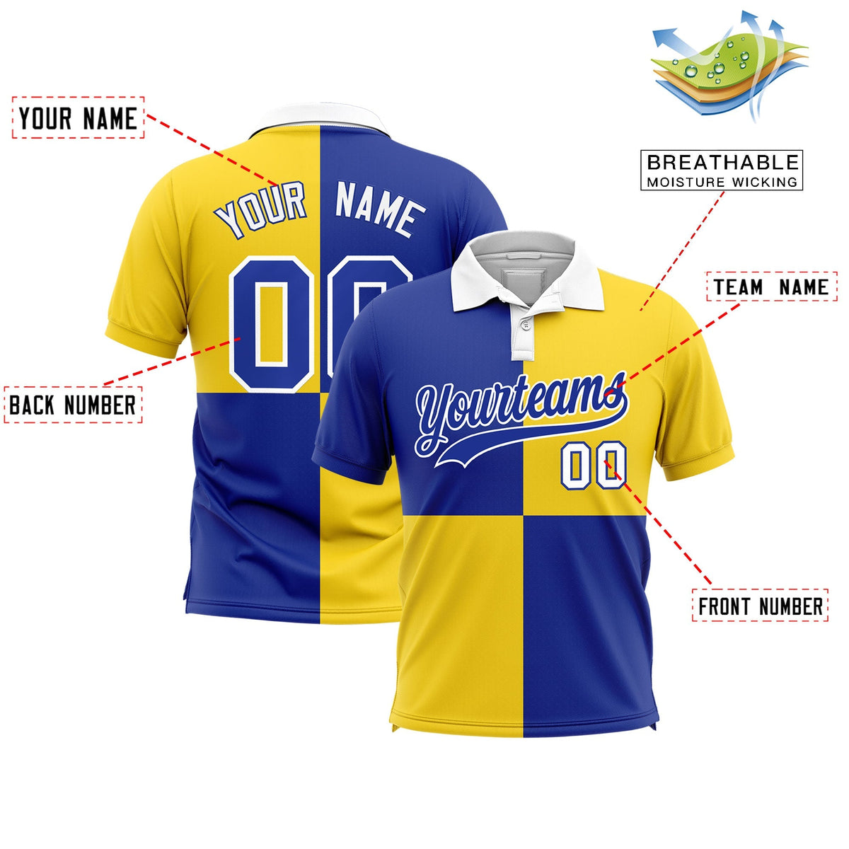 Custom Royal Gold Four Squares Design Performance Polo Shirt