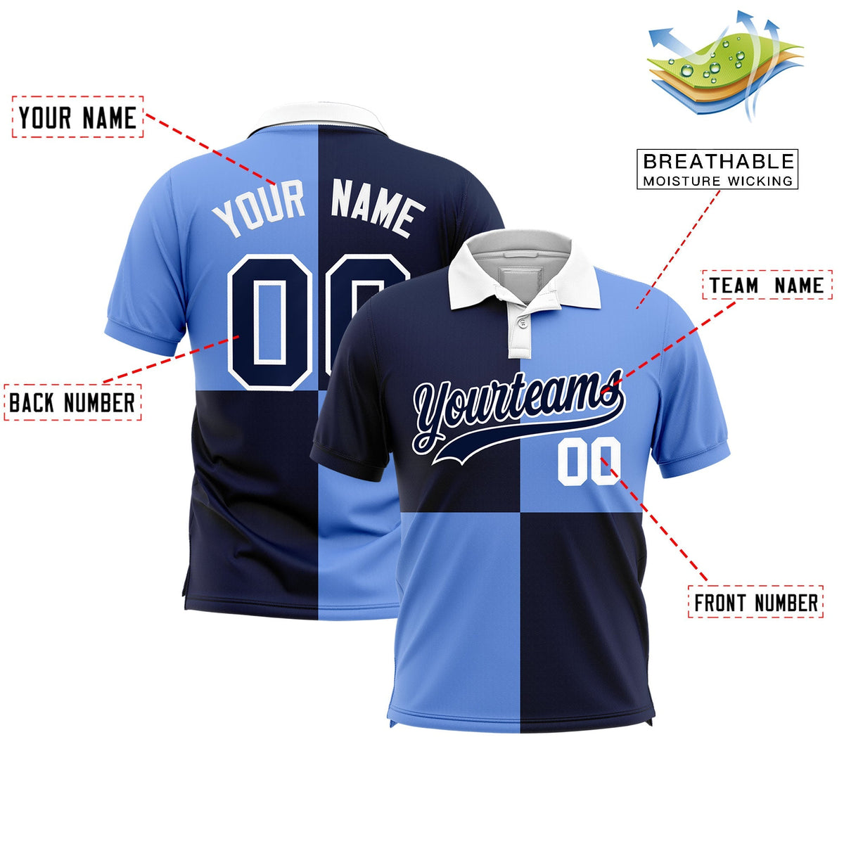 Custom Navy Light Blue Four Squares Design Performance Polo Shirt
