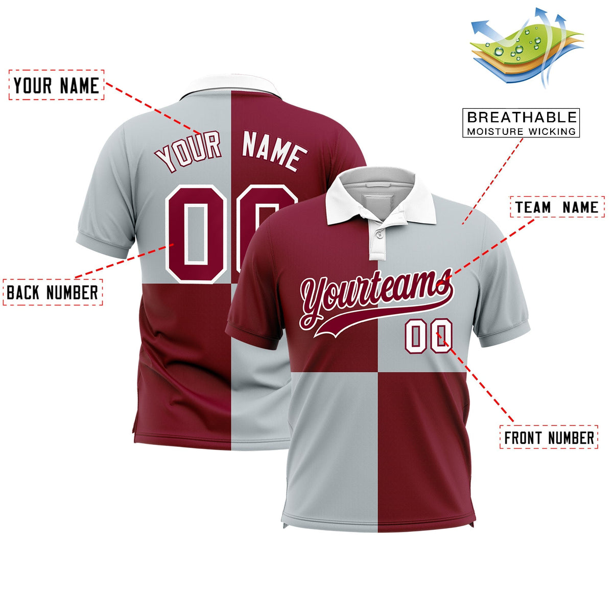 Custom Crimson Silver Four Squares Design Performance Polo Shirt