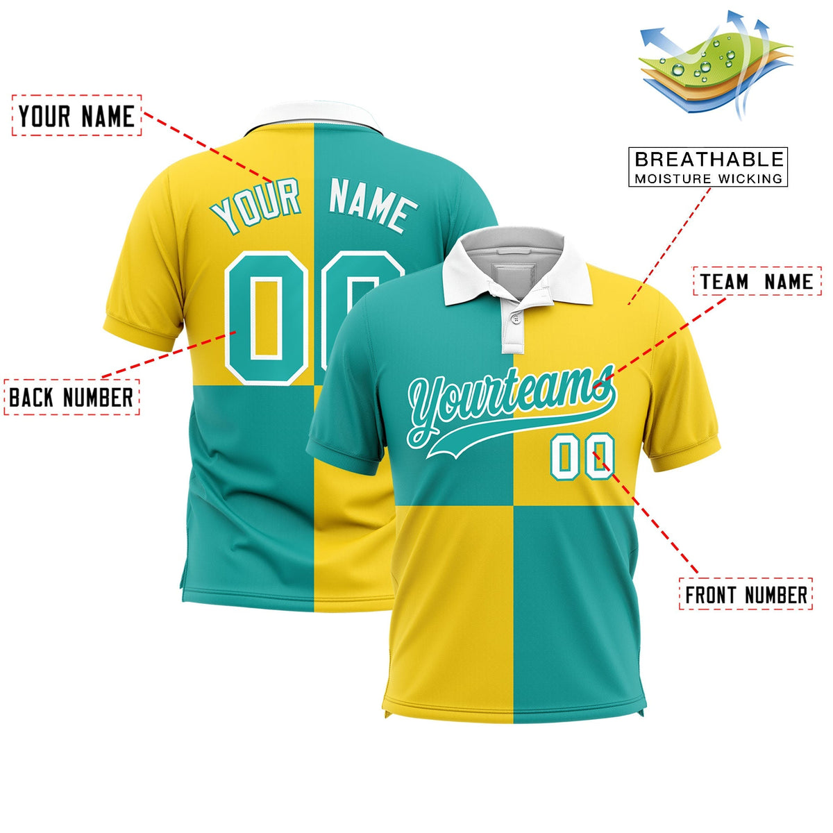 Custom Aqua Gold Four Squares Design Performance Polo Shirt