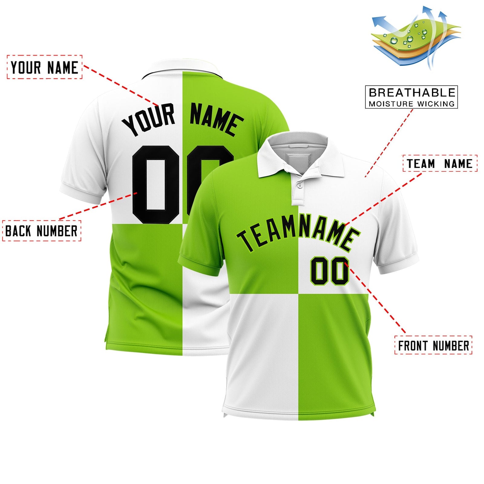 Custom Neon Green White Four Squares Design Performance Polo Shirt