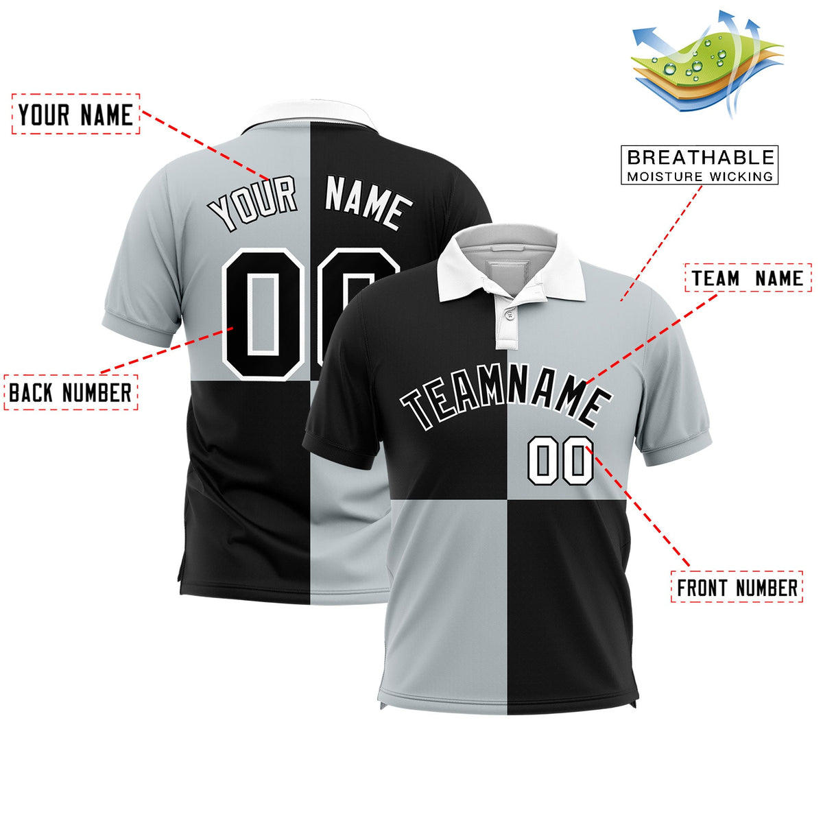 Custom Black Silver Four Squares Design Performance Polo Shirt