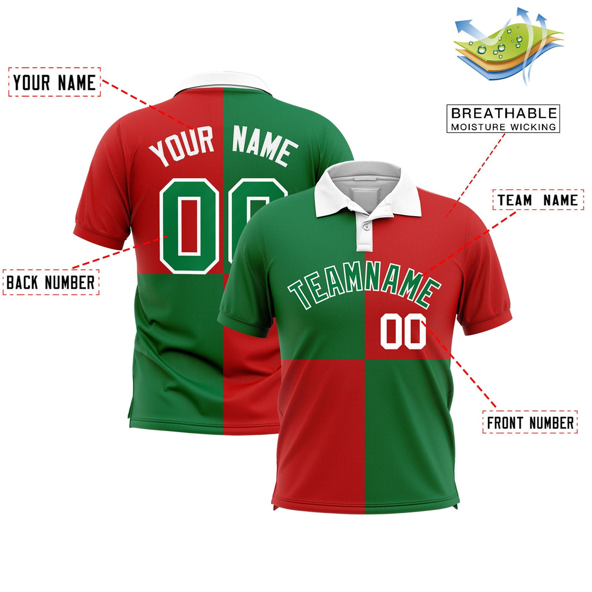 Custom Kelly Green Red Four Squares Design Performance Polo Shirt