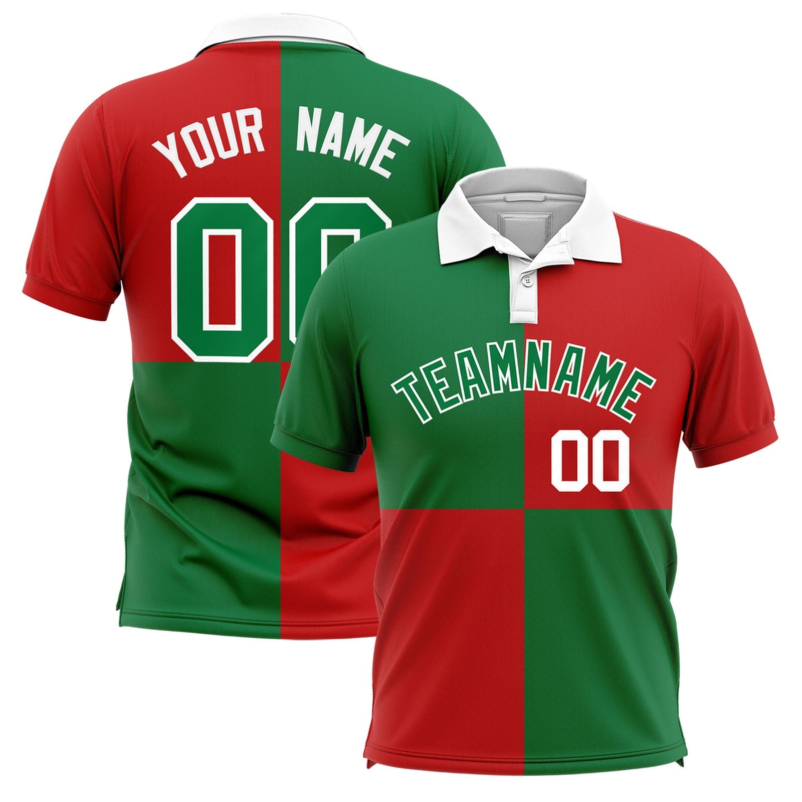 Custom Kelly Green Red Four Squares Design Performance Polo Shirt