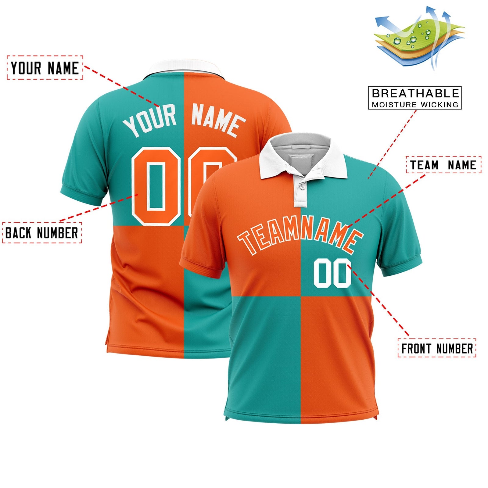 Custom Orange Aqua Four Squares Design Performance Polo Shirt
