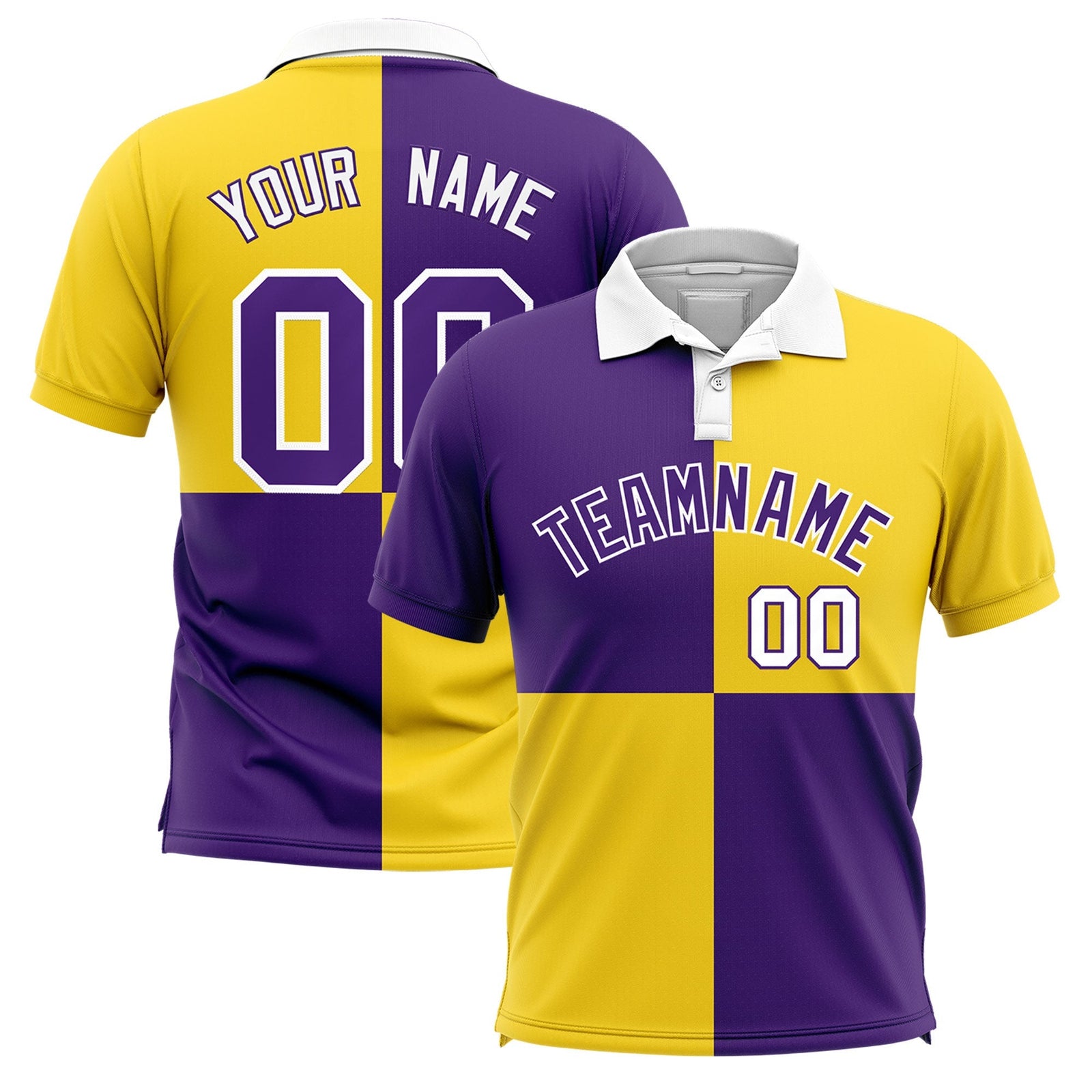 Custom Purple Gold Four Squares Design Performance Polo Shirt