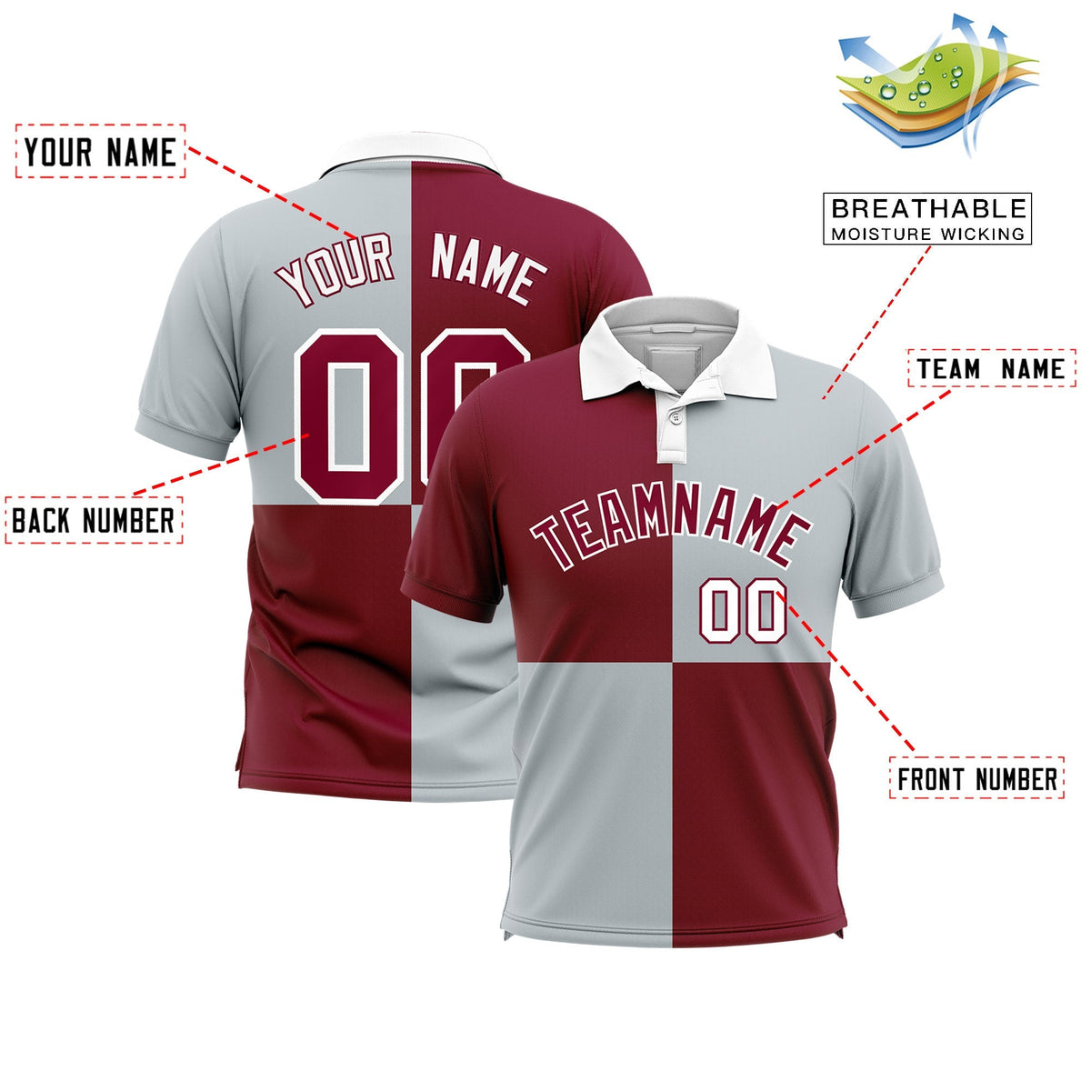 Custom Crimson Silver Four Squares Design Performance Polo Shirt
