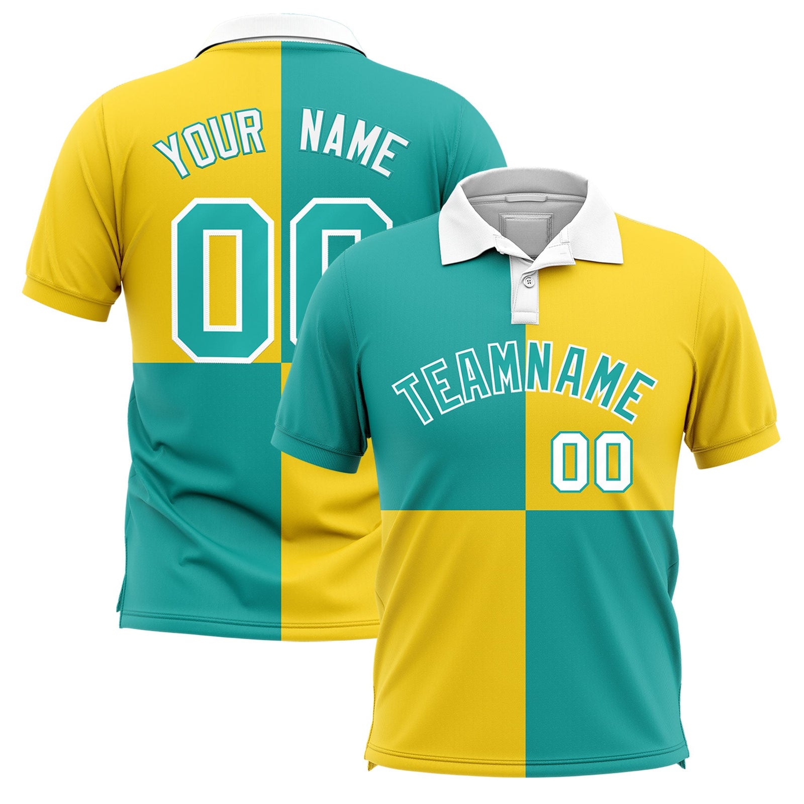 Custom Aqua Gold Four Squares Design Performance Polo Shirt