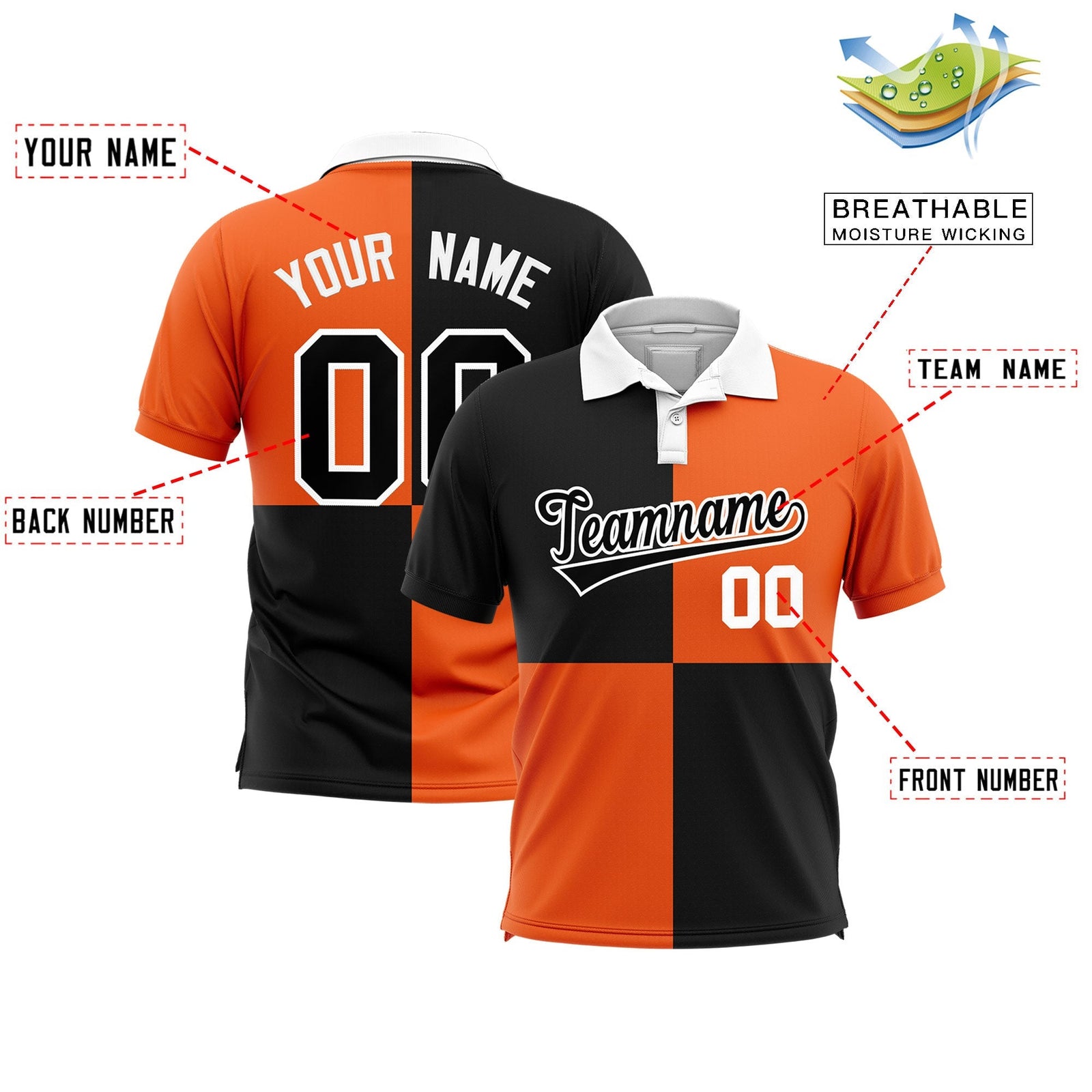 Custom Black Orange Four Squares Design Performance Polo Shirt