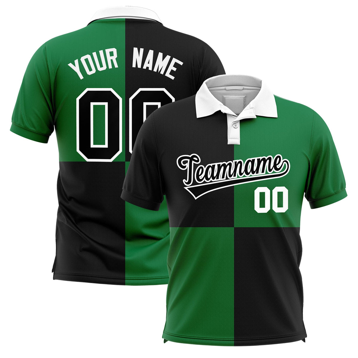 Custom Black Kelly Green Four Squares Design Performance Polo Shirt