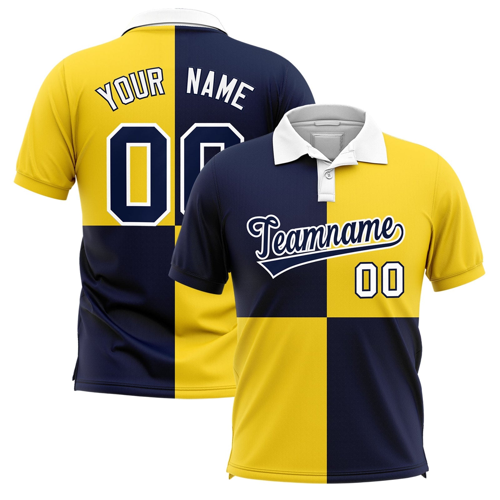 Custom Navy Gold Four Squares Design Performance Polo Shirt