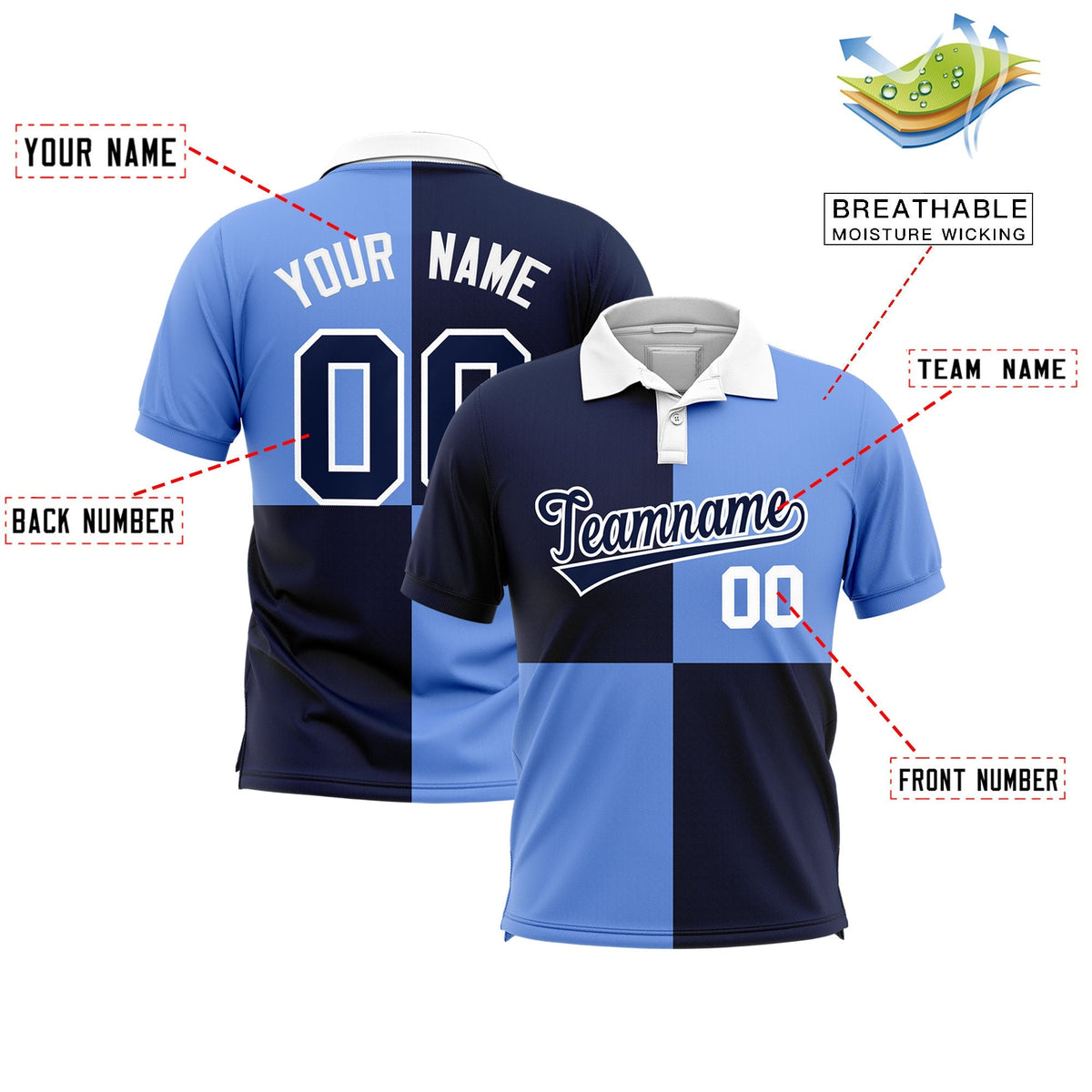 Custom Navy Light Blue Four Squares Design Performance Polo Shirt