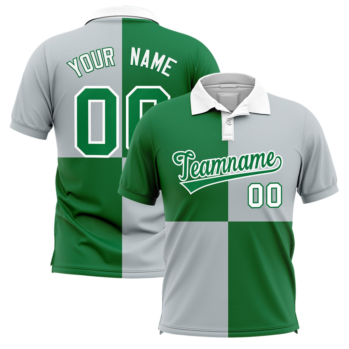 Custom Kelly Green Silver Four Squares Design Performance Polo Shirt