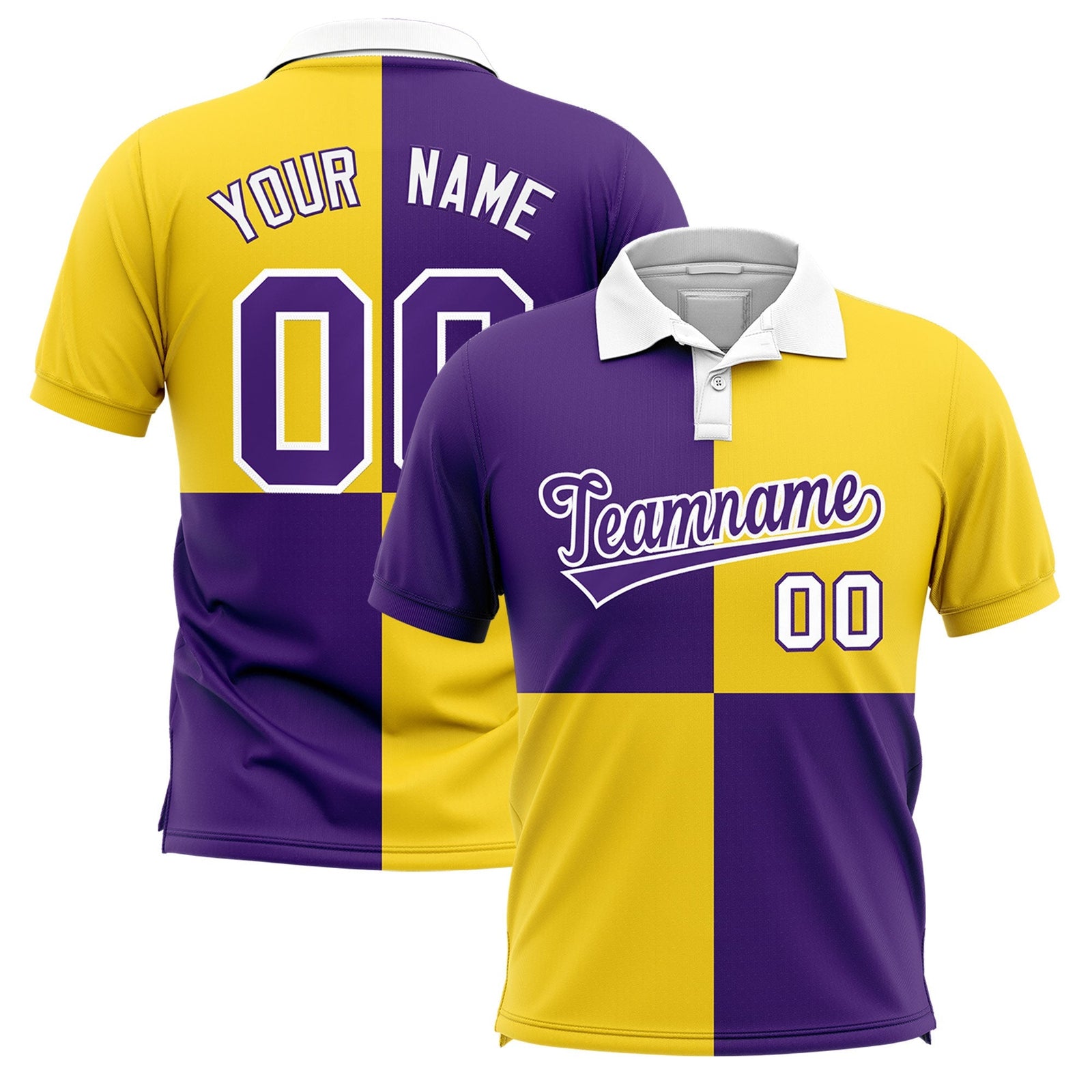 Custom Purple Gold Four Squares Design Performance Polo Shirt