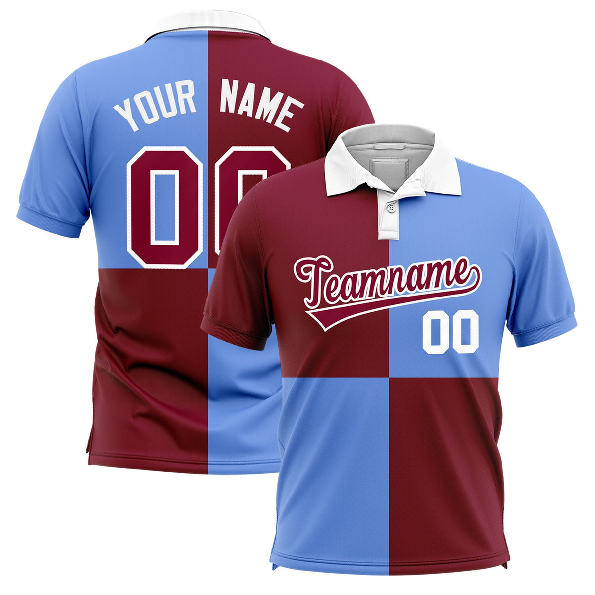 Custom Crimson Light Blue Four Squares Design Performance Polo Shirt