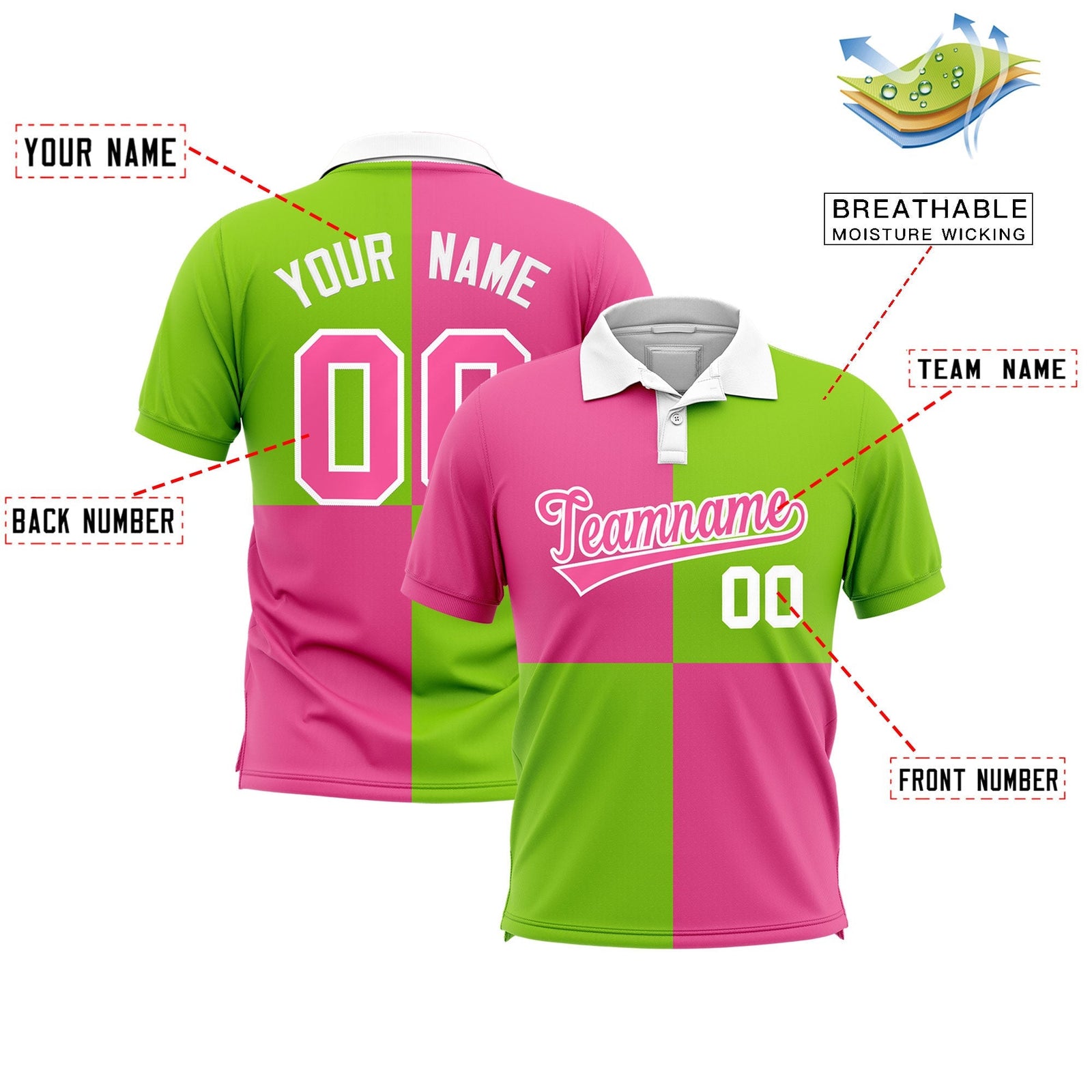Custom Pink Neon Green Four Squares Design Performance Polo Shirt