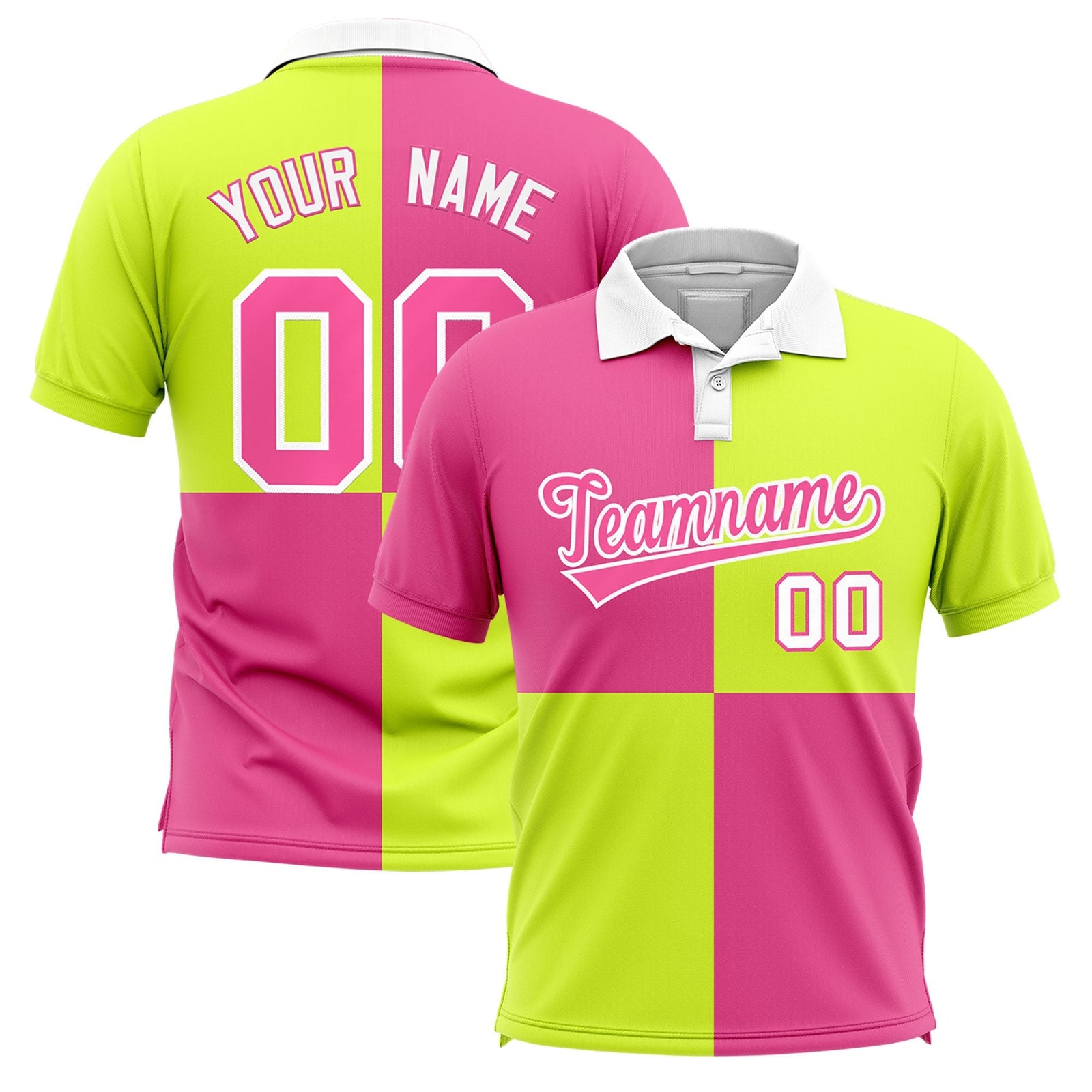 Custom Pink Fluorescent Green Four Squares Design Performance Polo Shirt