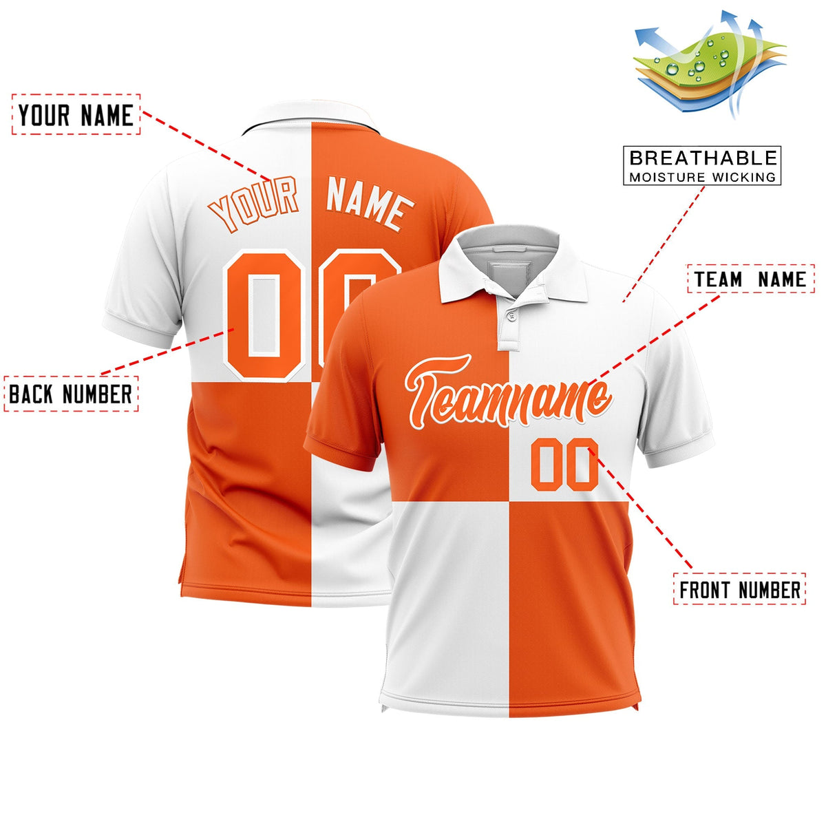 Custom White Orange Four Squares Design Performance Polo Shirt