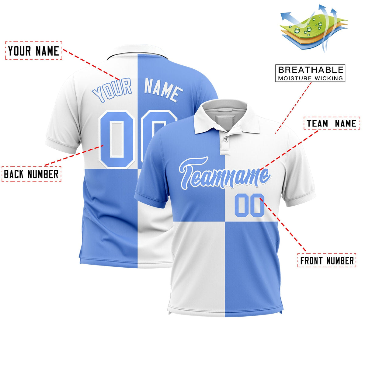 Custom Light Blue White Four Squares Design Performance Polo Shirt