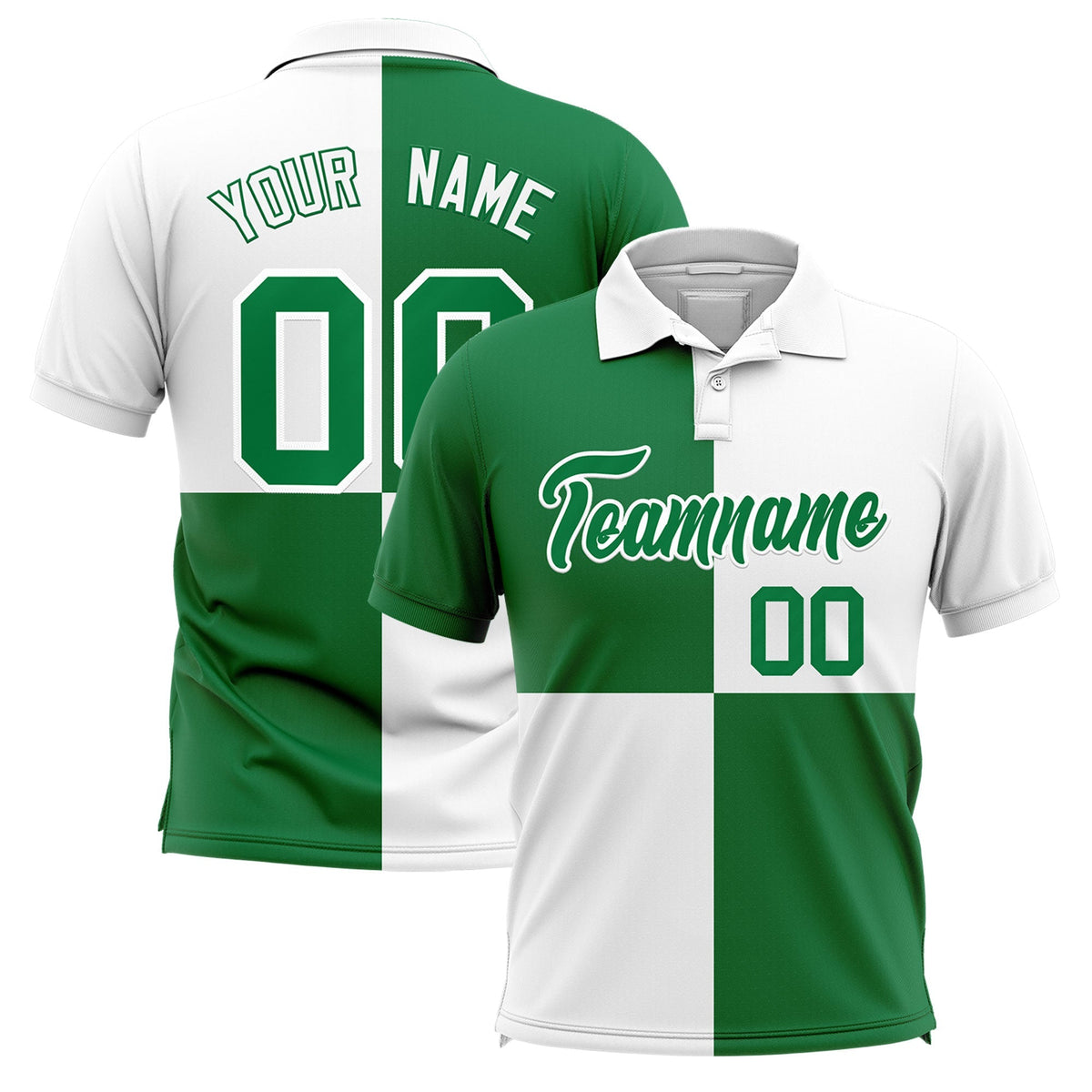 Custom Kelly Green White Four Squares Design Performance Polo Shirt