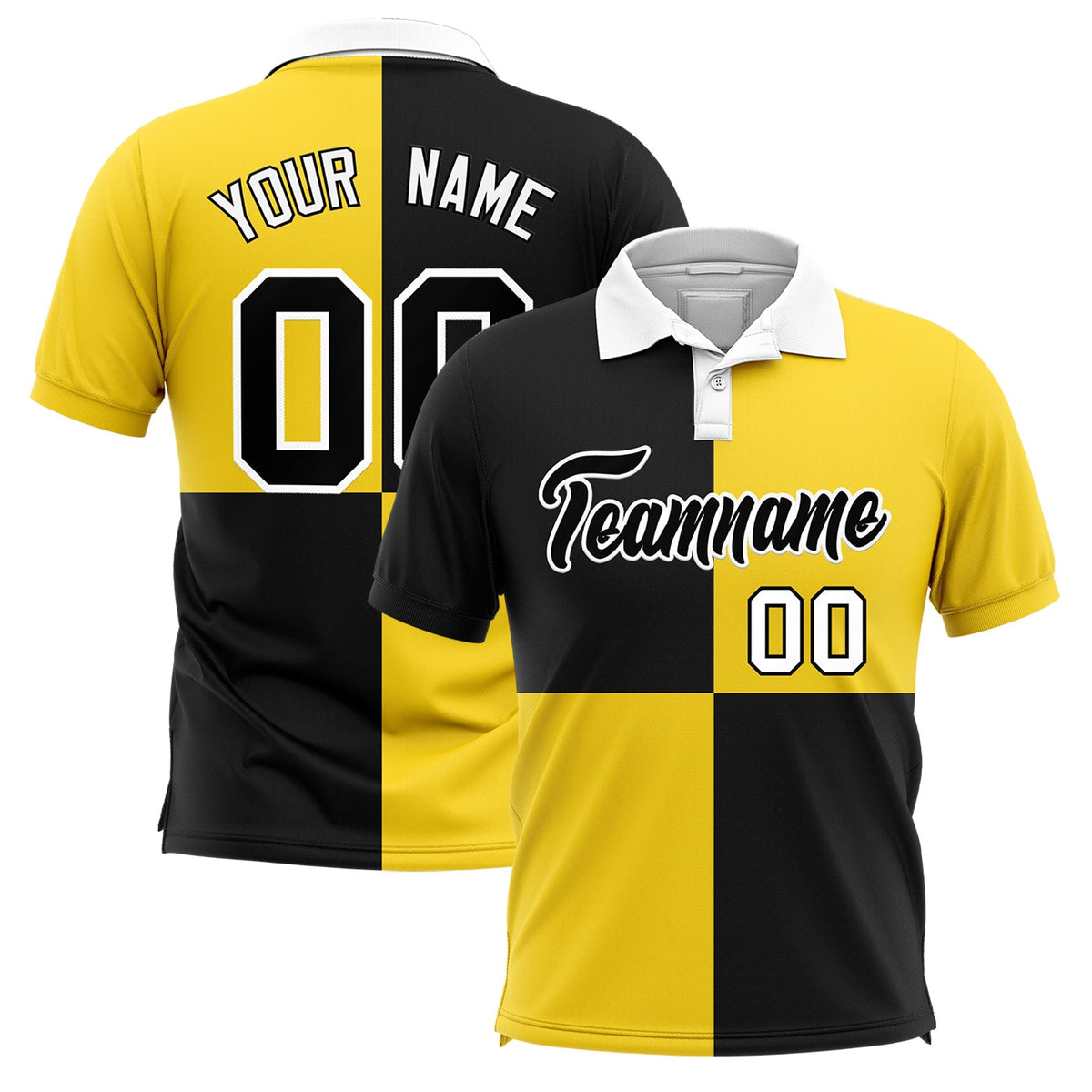 Custom Black Gold Four Squares Design Performance Polo Shirt