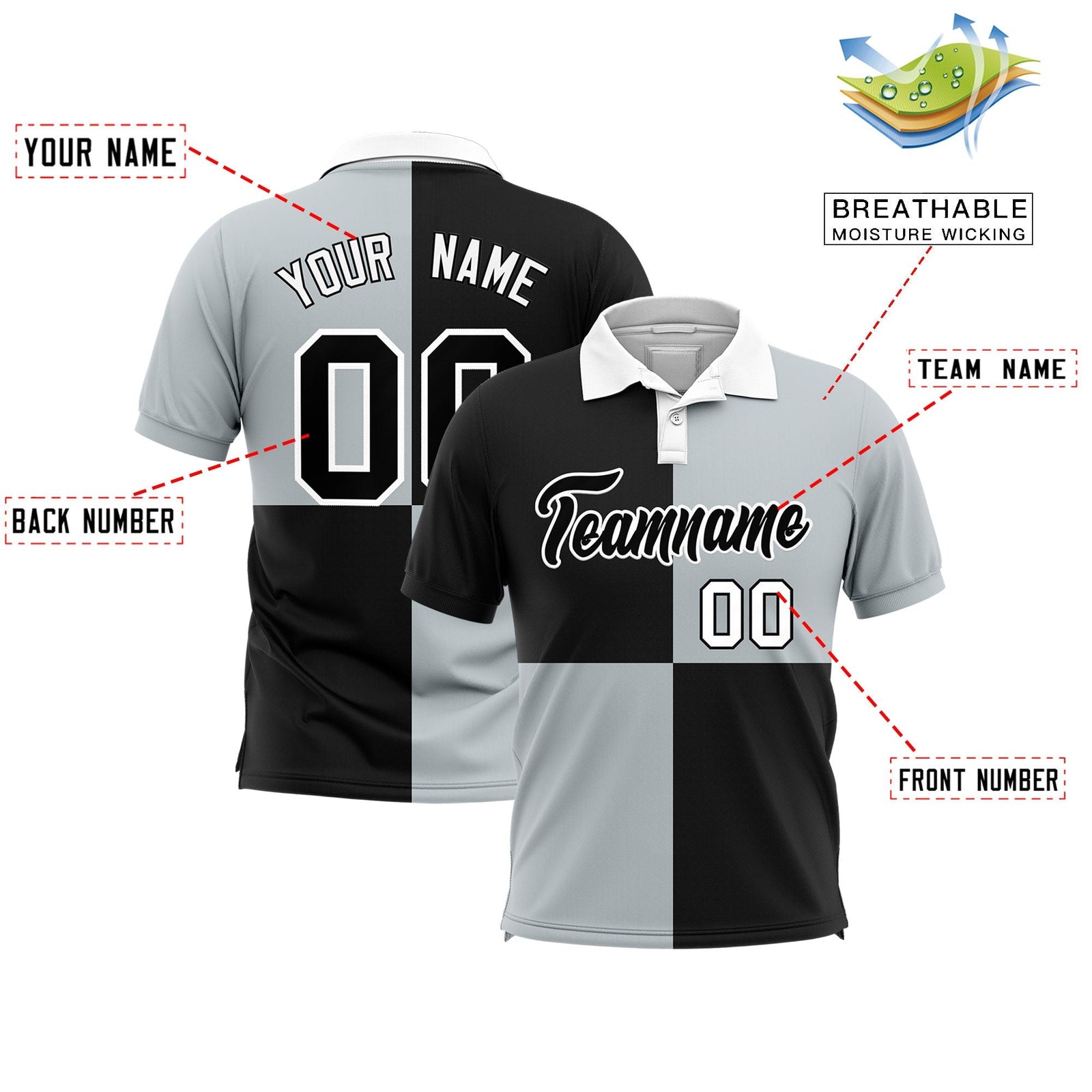 Custom Black Silver Four Squares Design Performance Polo Shirt