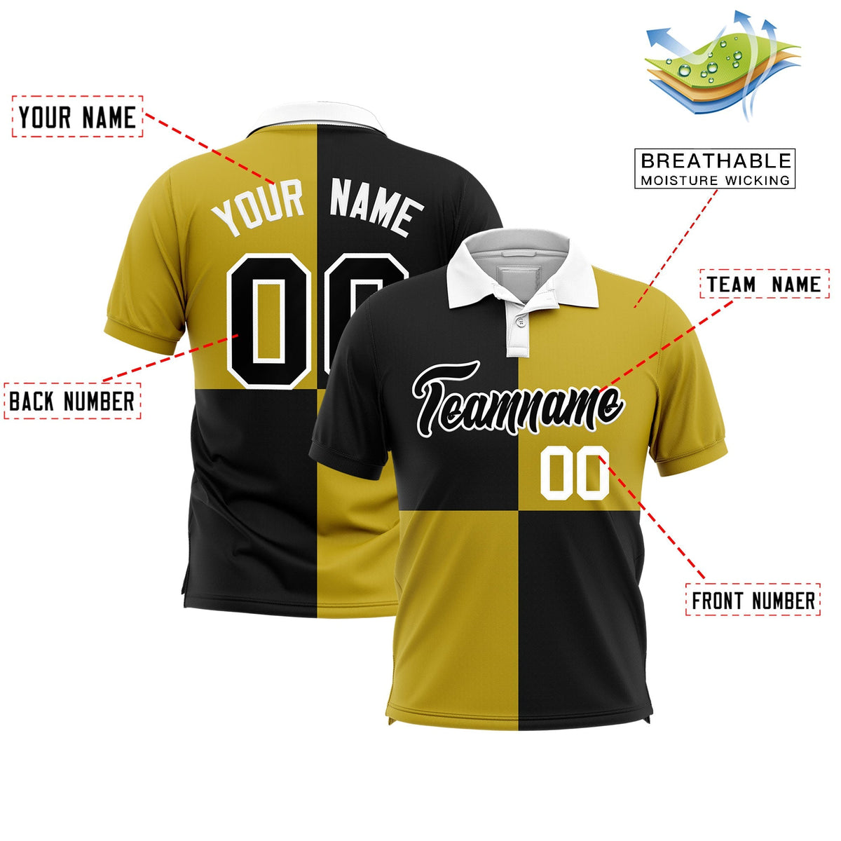 Custom Black Old Gold Four Squares Design Performance Polo Shirt