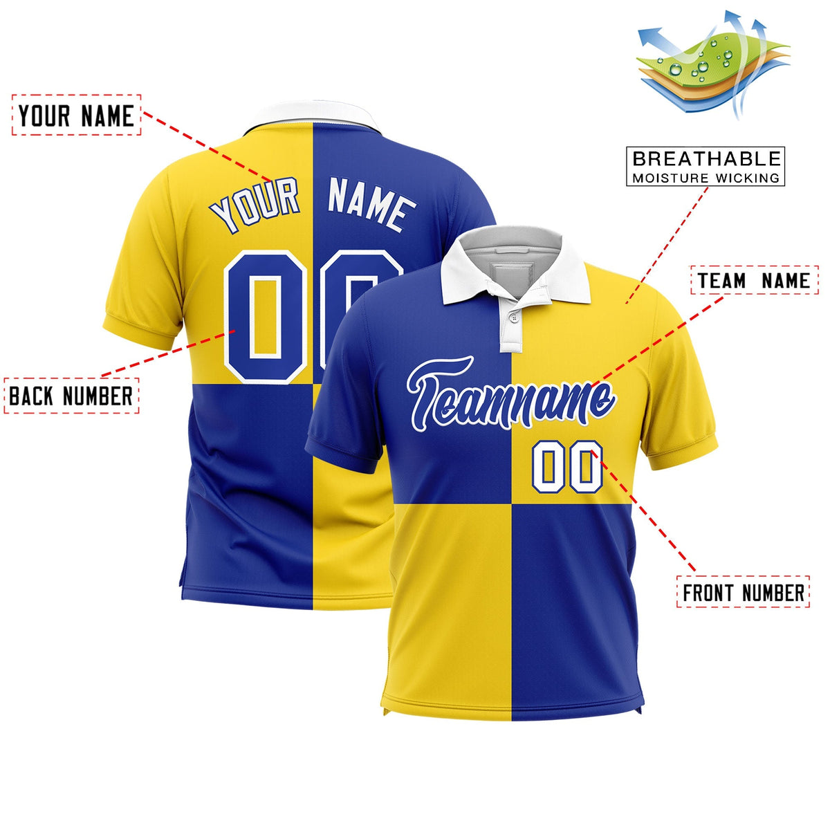 Custom Royal Gold Four Squares Design Performance Polo Shirt
