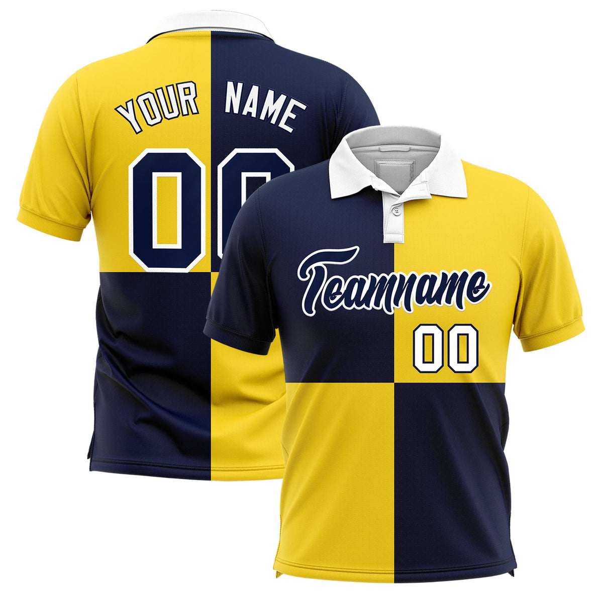 Custom Navy Gold Four Squares Design Performance Polo Shirt