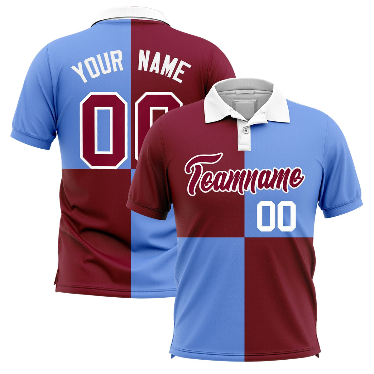 Custom Crimson Light Blue Four Squares Design Performance Polo Shirt