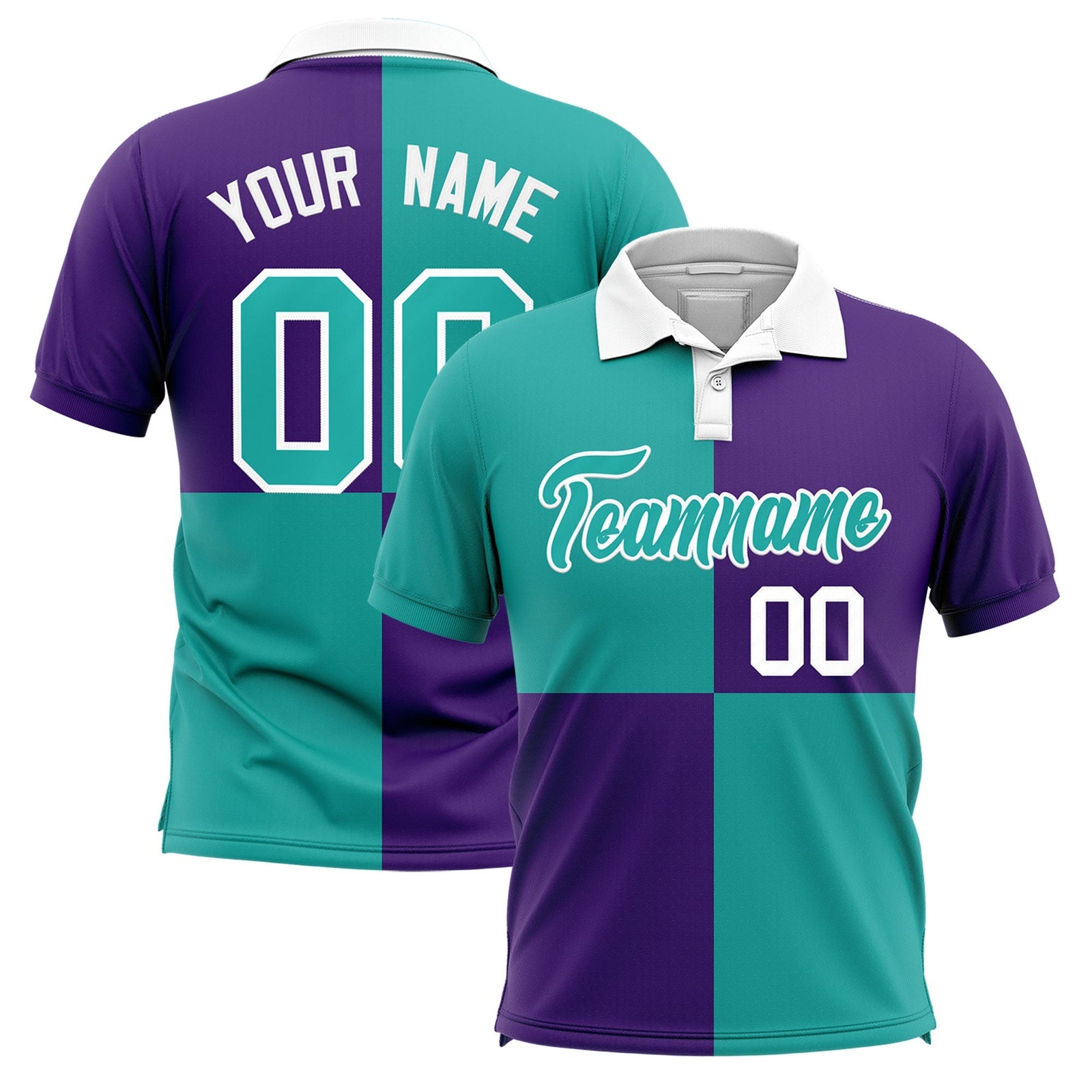 Custom Aqua Purple Four Squares Design Performance Polo Shirt