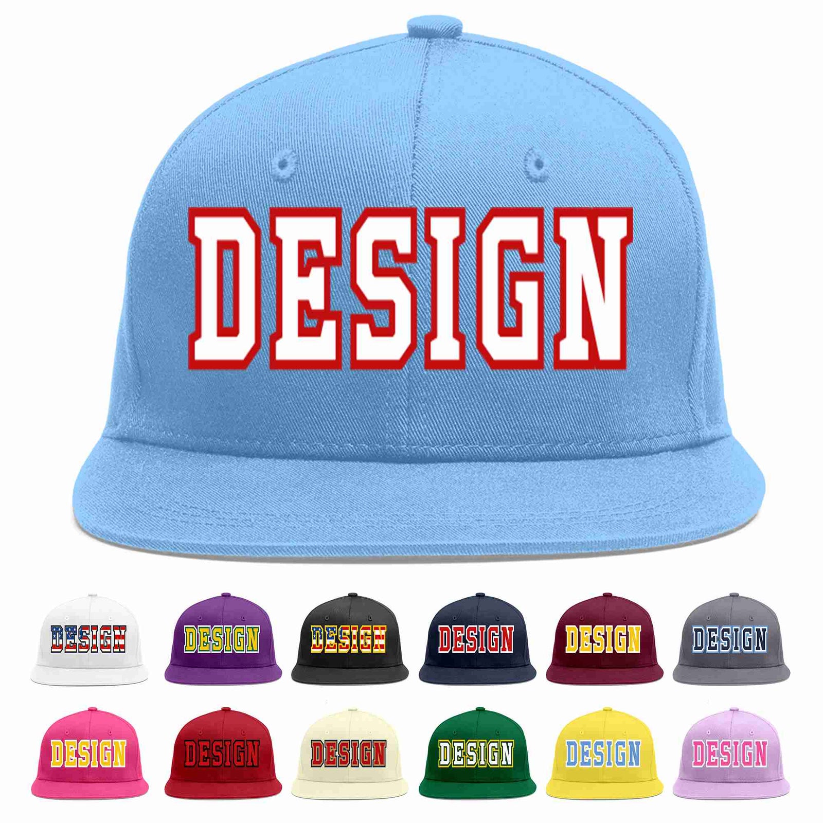 Custom Light Blue White-Red Flat Eaves Sport Baseball Cap Design for Men/Women/Youth
