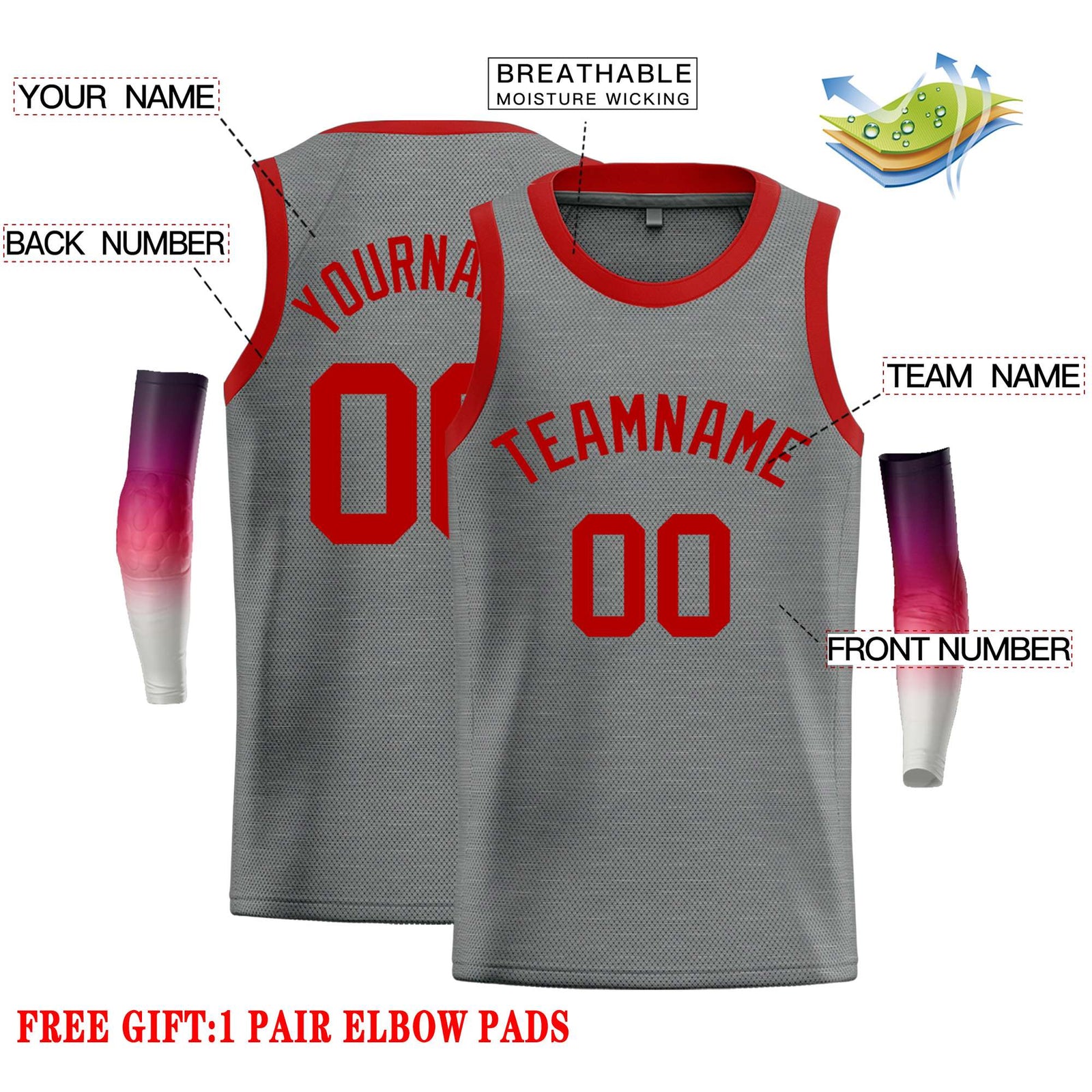 Custom Dark Gray Red Classic Tops Casual Basketball Jersey