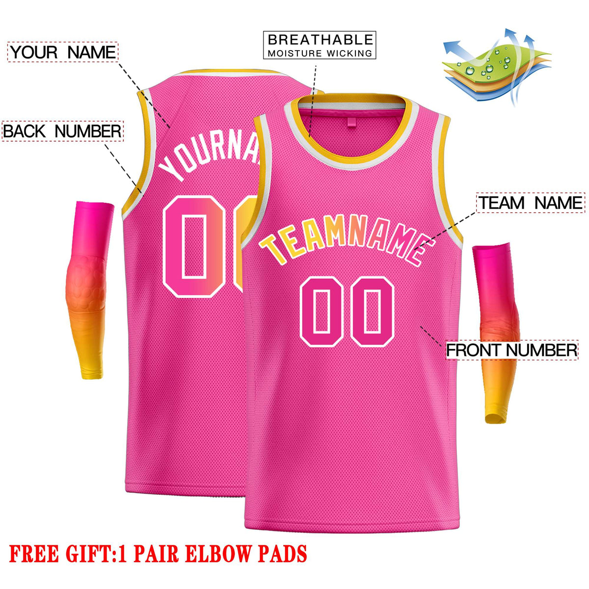 Custom Pink Yellow-White Classic Tops Casual Basketball Jersey