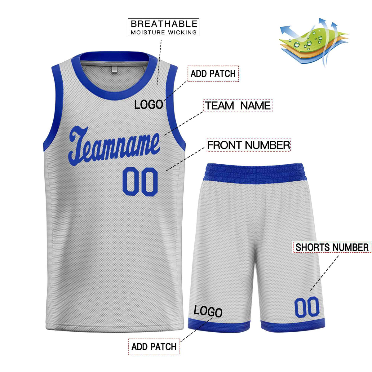 Custom Gray Royal Classic Sets Sports Uniform Basketball Jersey