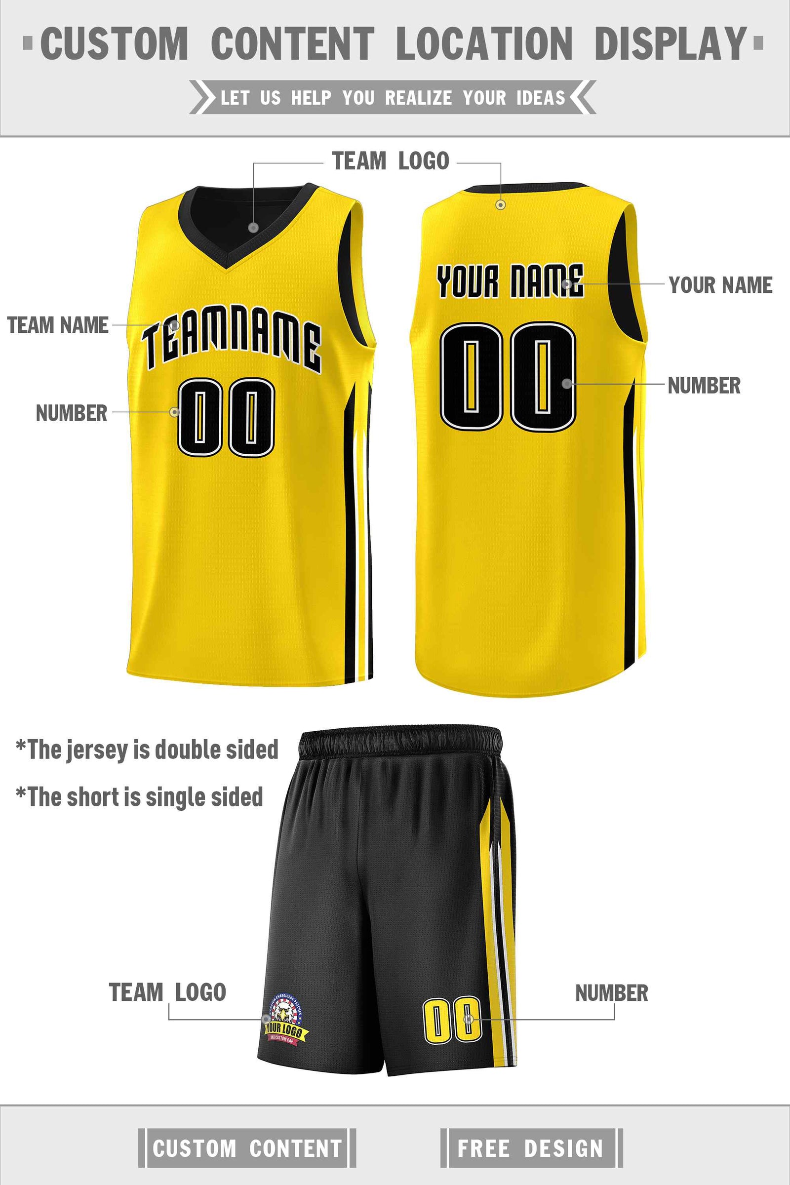 Custom Black Yellow Double Side Sets Men Basketball Jersey