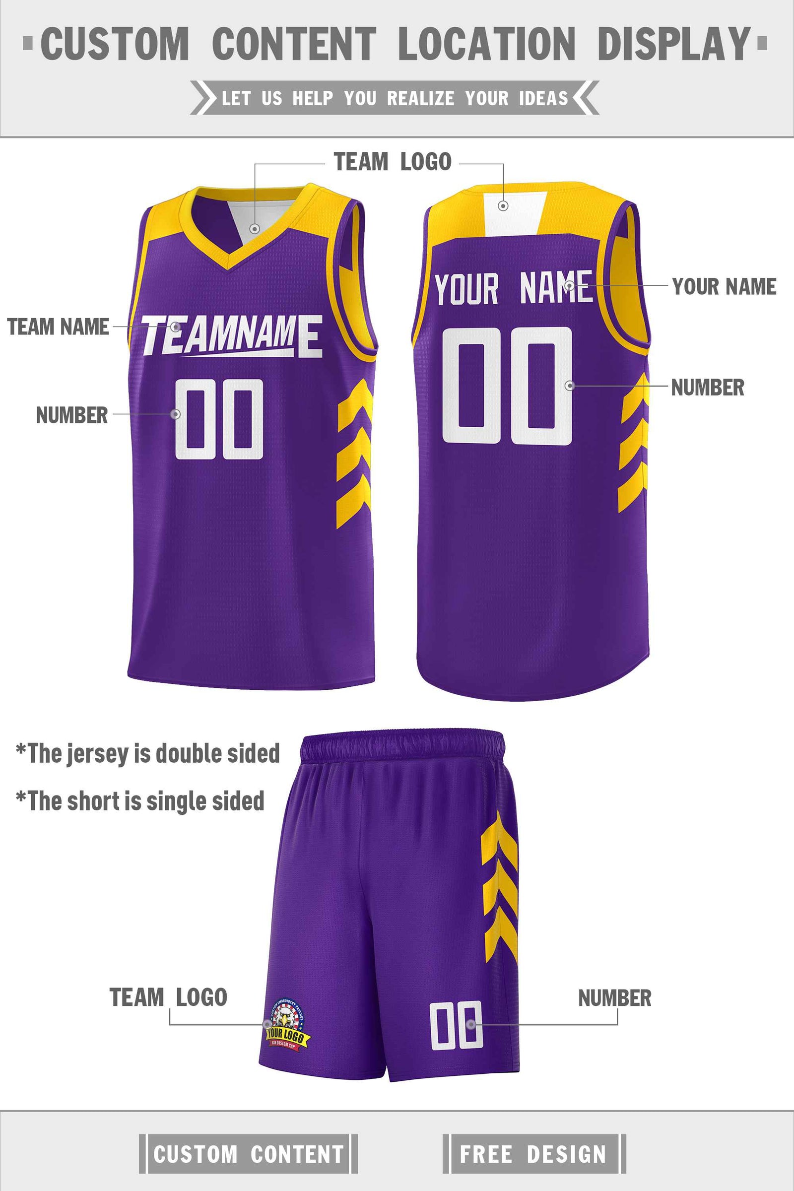 Custom Purple Yellow Double Side Sets Personalized Basketball Jersey