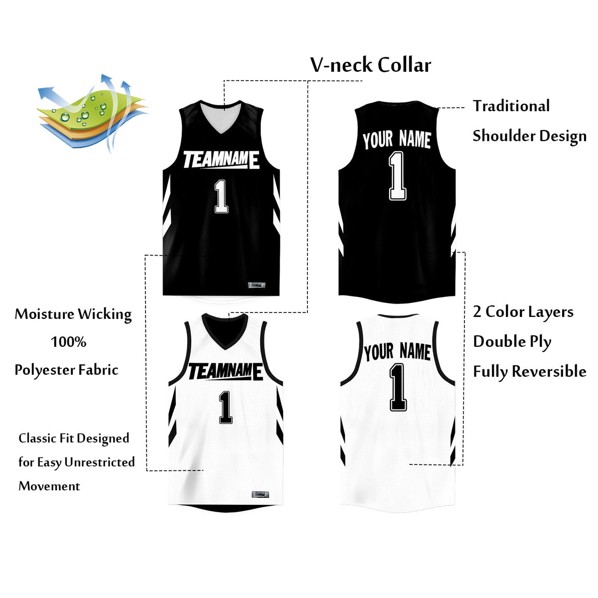 Custom Black White  Double Side Tops Athletic Basketball Jersey