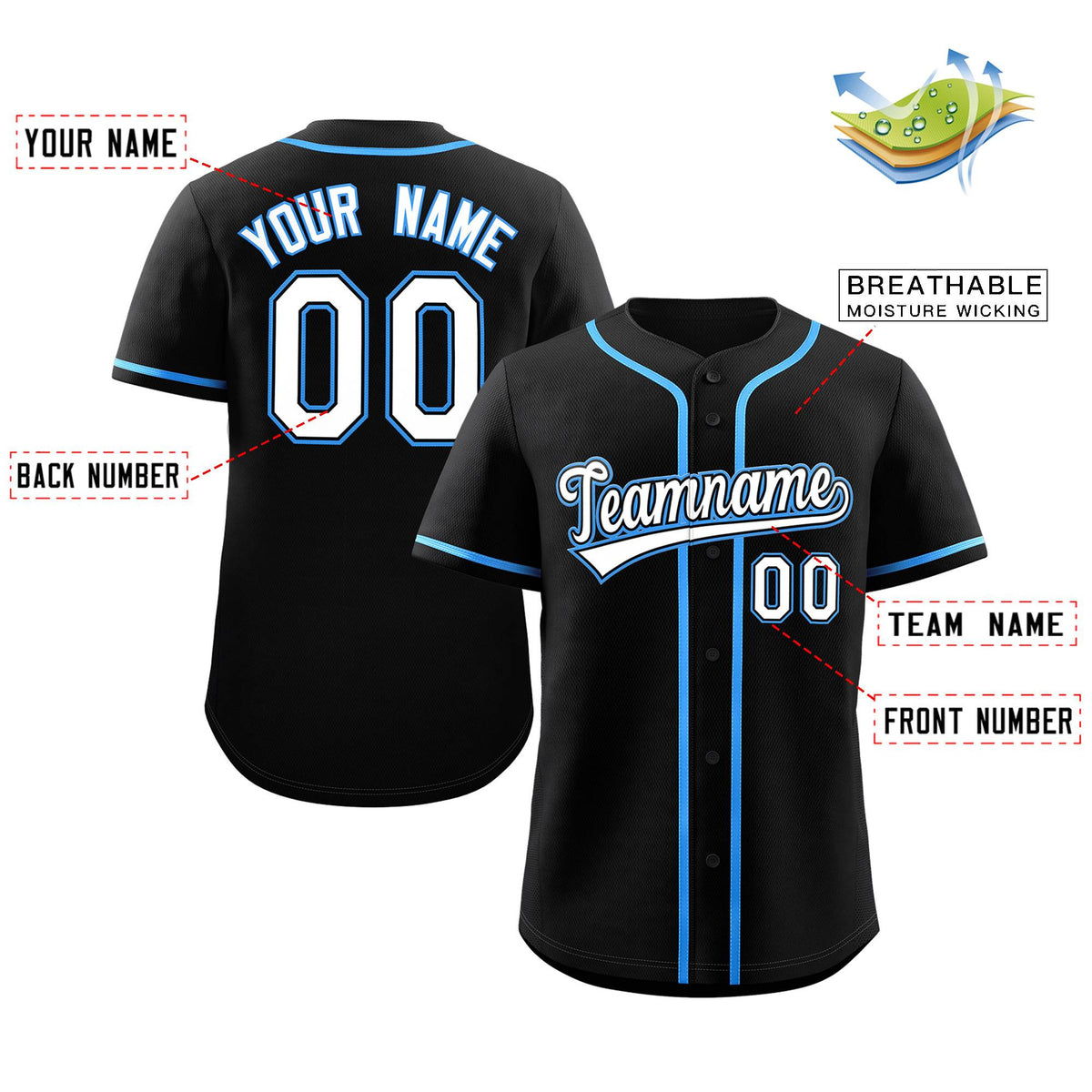 Custom Black White-Powder Blue Classic Style Authentic Baseball Jersey