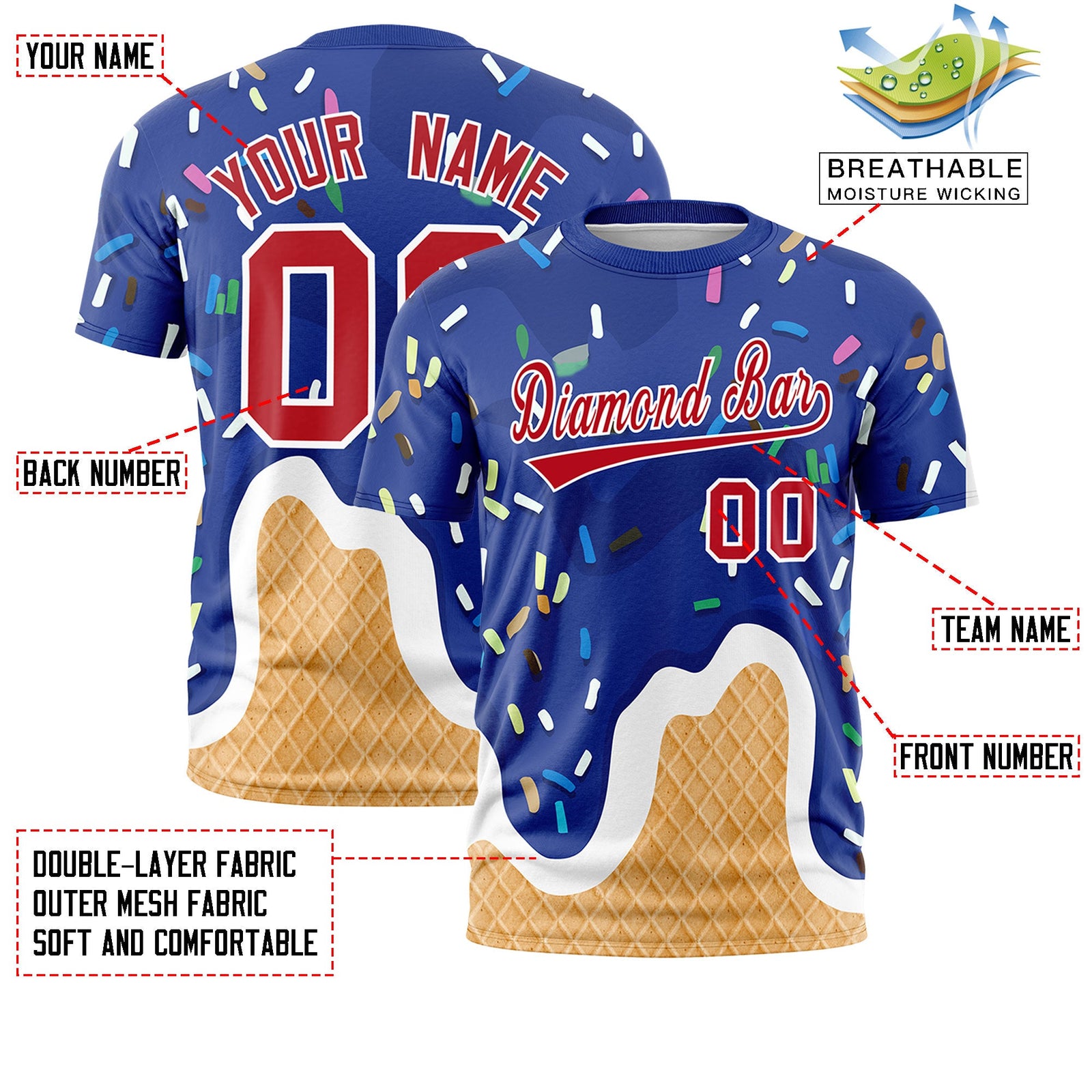 Custom Royal Ice Cream Cone Graffiti Pattern Fashion Crew neck T-Shirts Full Sublimated
