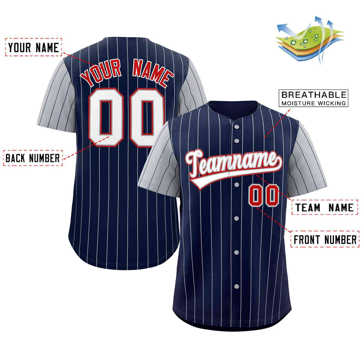 Custom Navy White-Gray Stripe Fashion Raglan Sleeves Authentic Baseball Jersey