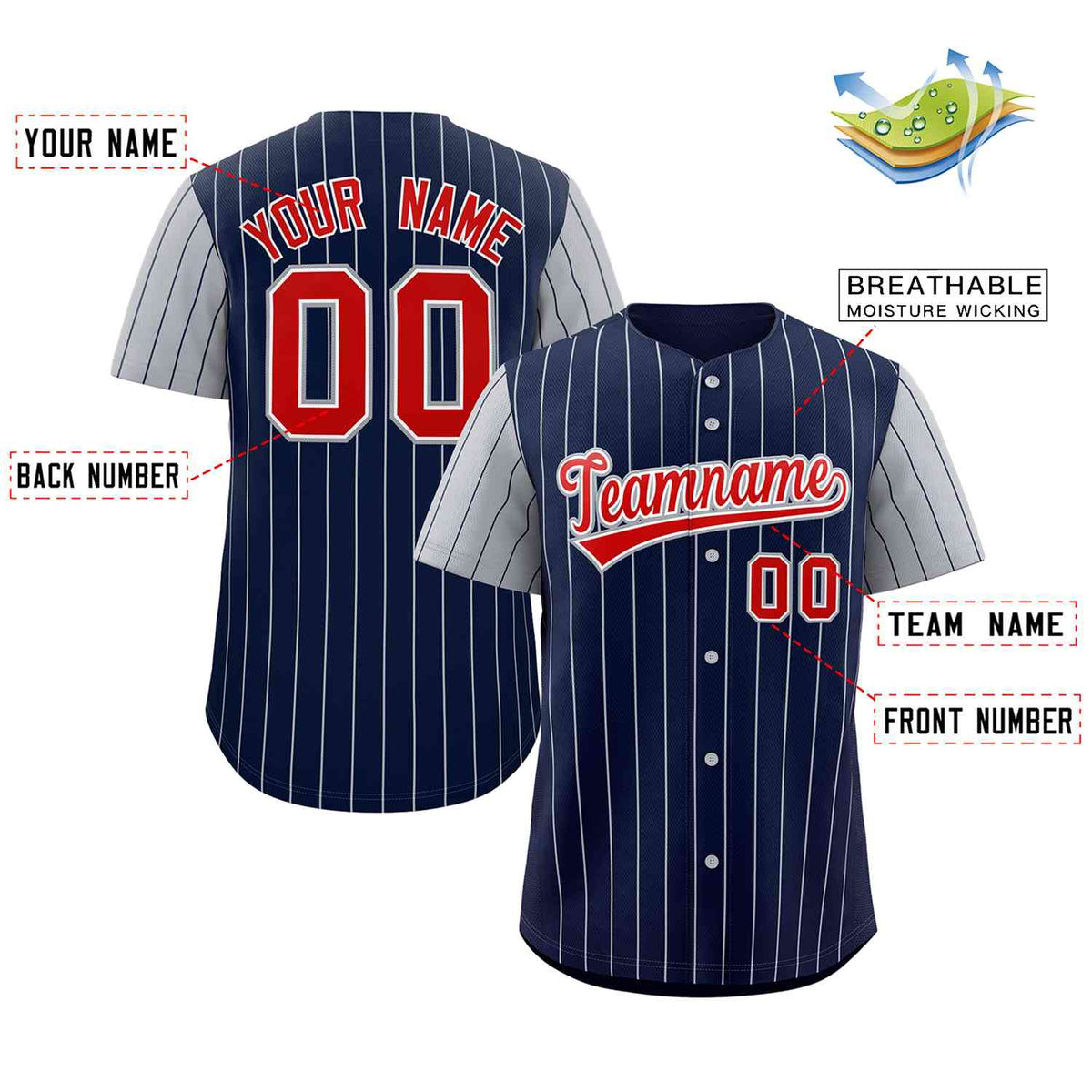 Custom Navy Red-White Stripe Fashion Raglan Sleeves Authentic Baseball Jersey