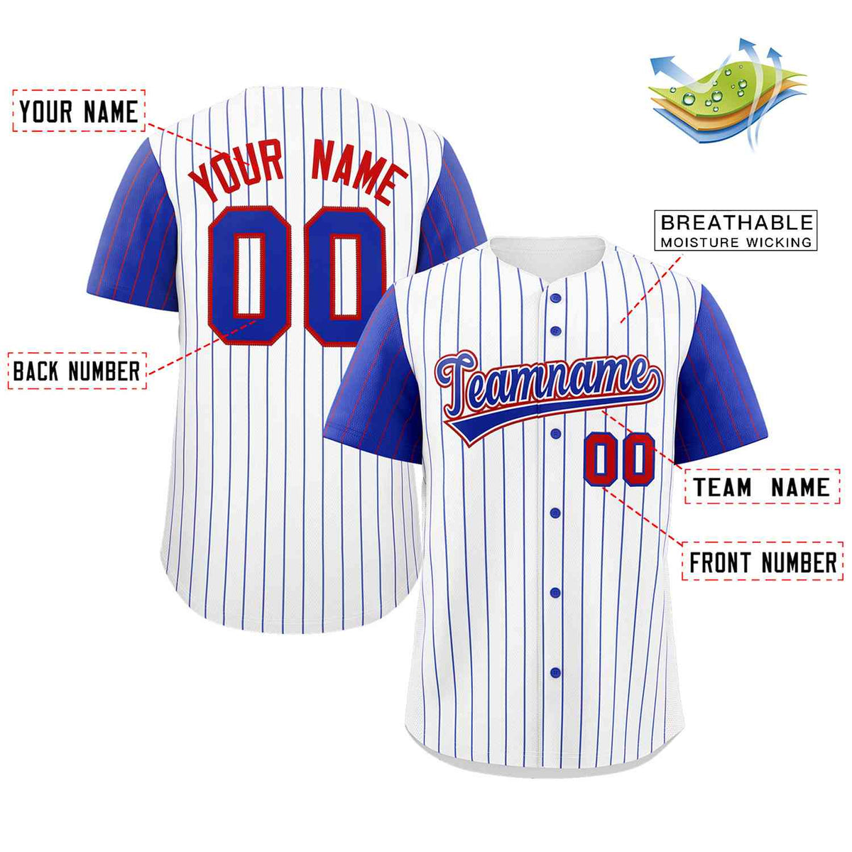 Custom White Royal-Red Stripe Fashion Raglan Sleeves Authentic Baseball Jersey