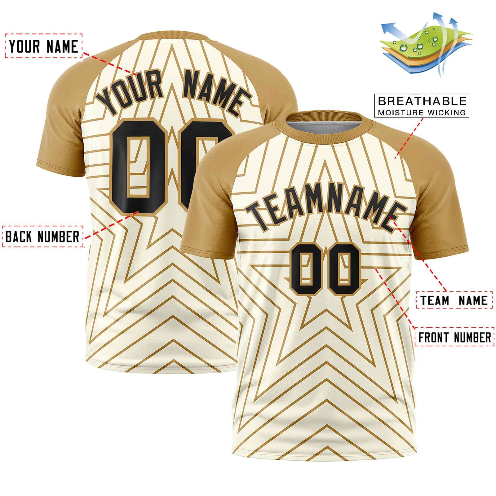 Custom Cream Old Gold Personalized Star Pattern Raglan Sleeves Performance T-Shirt