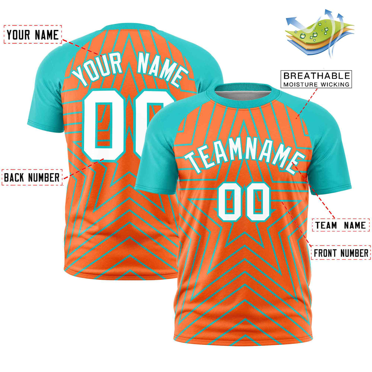 Custom Orange Aqua Personalized Star Pattern Raglan Sleeves Performance T-Shirt
