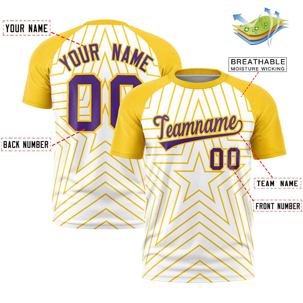 Custom White Gold Personalized Star Pattern Raglan Sleeves Performance T-Shirt