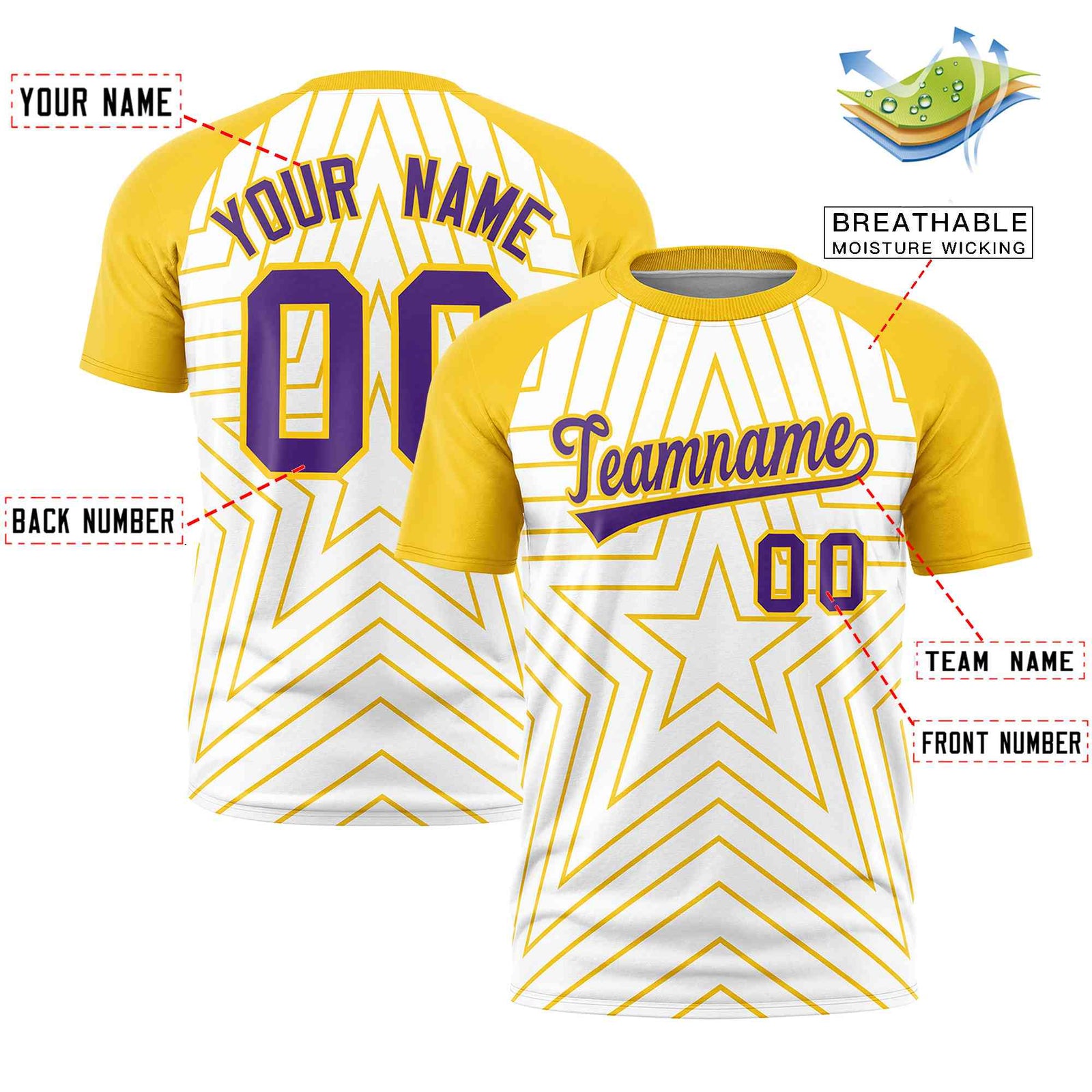 Custom White Gold Personalized Star Pattern Raglan Sleeves Performance T-Shirt