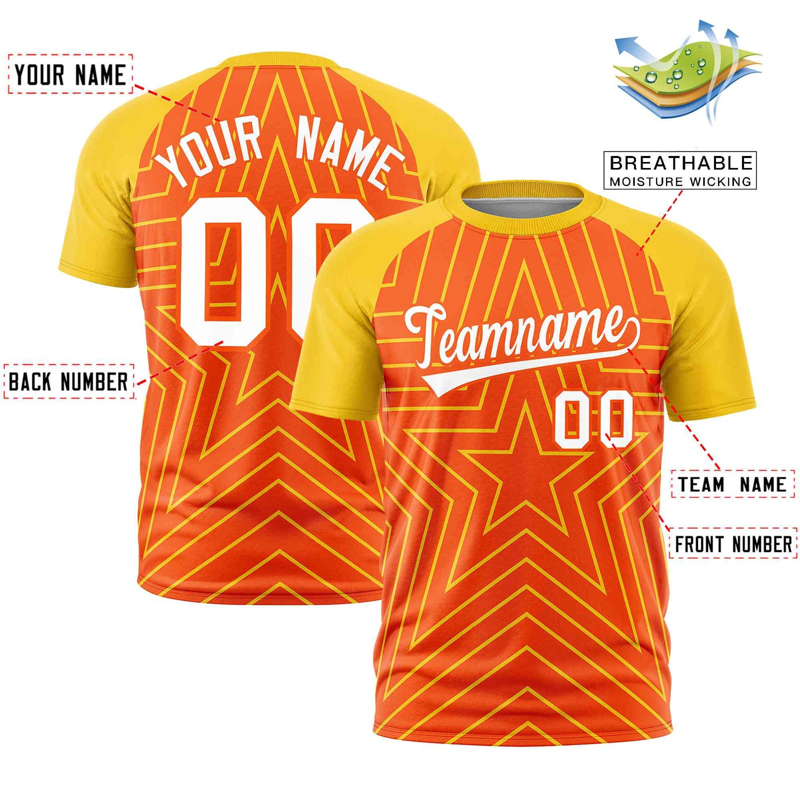 Custom Orange Gold Personalized Star Pattern Raglan Sleeves Performance T-Shirt