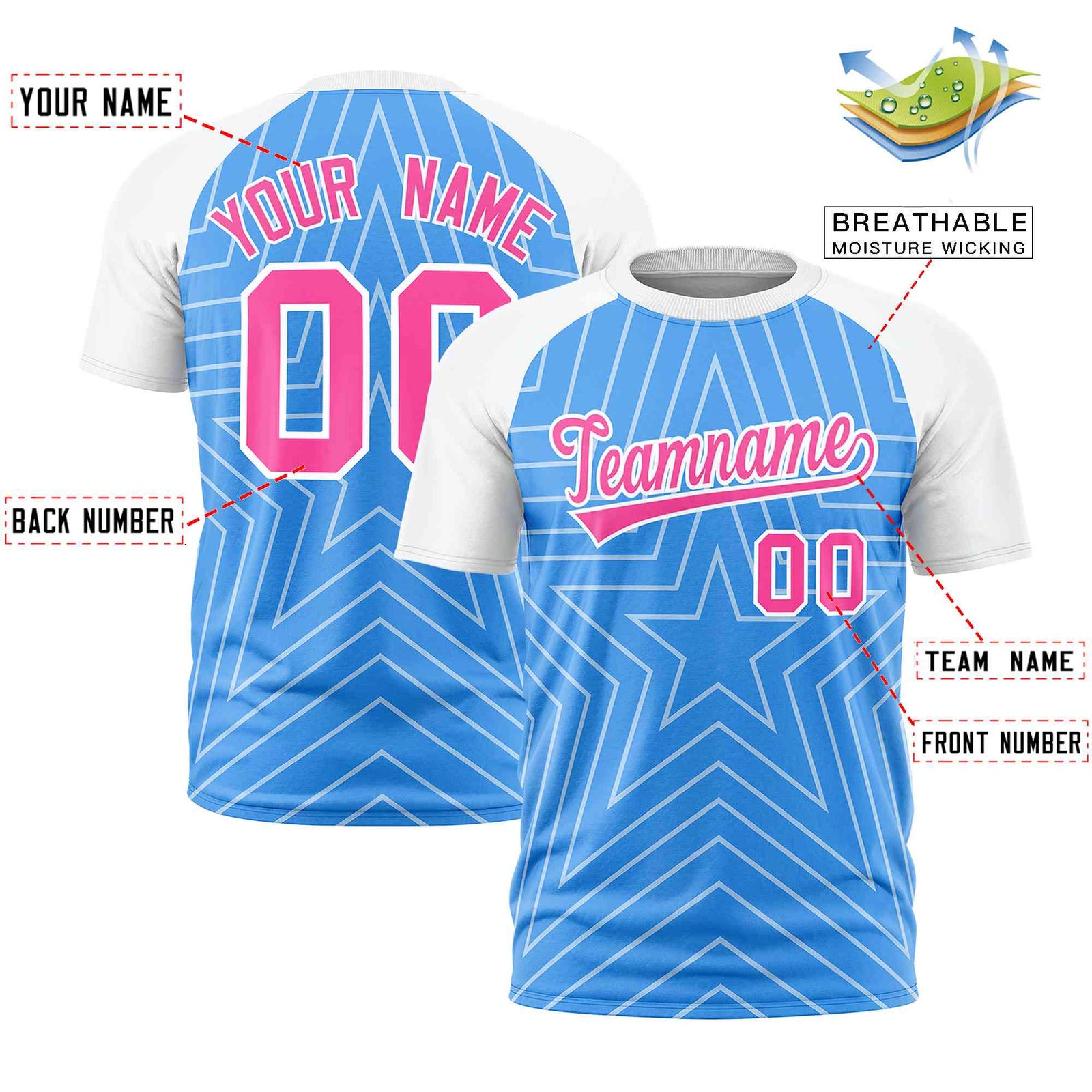Custom Powder Blue White Personalized Star Pattern Raglan Sleeves Performance T-Shirt